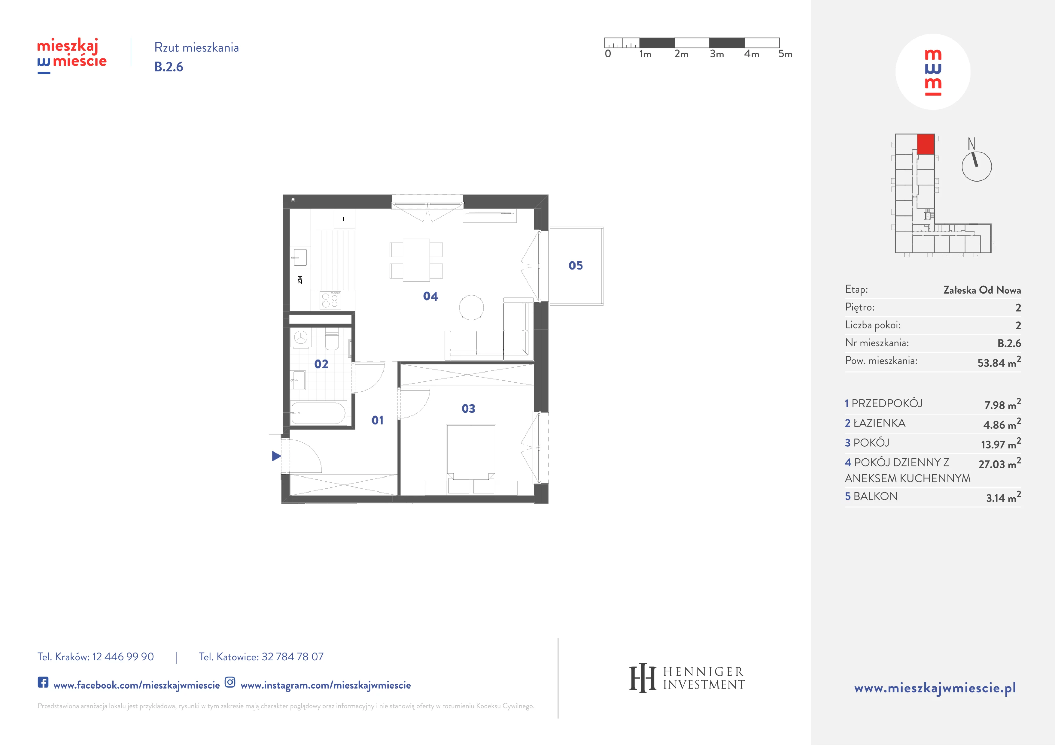 2 pokoje, mieszkanie 53,84 m², piętro 2, oferta nr B.2.6, Mieszkaj w mieście Załęska od Nowa, Katowice, Załęska Hałda-Brynów, Załęska Hałda, ul. Załęska Hałda