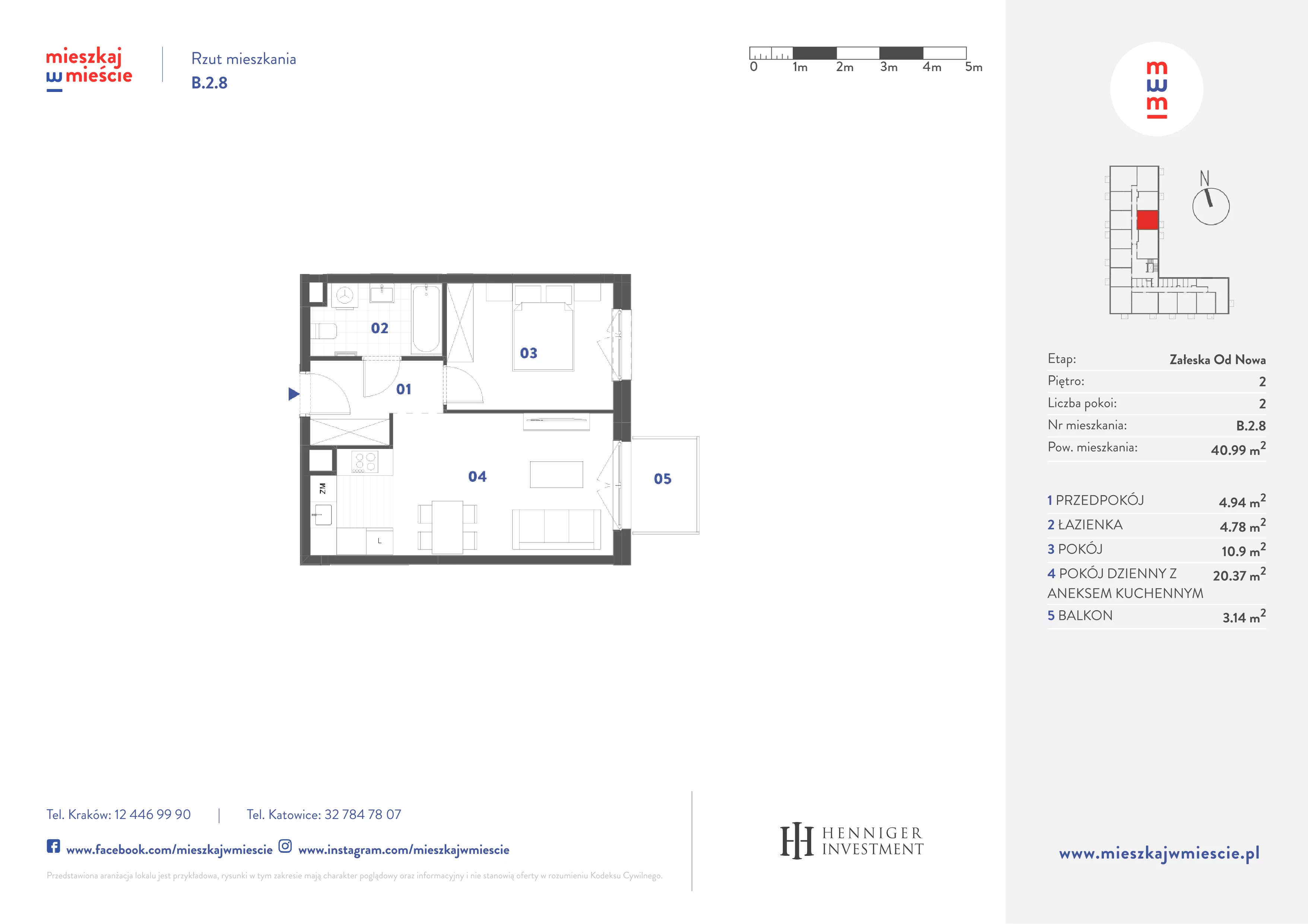 2 pokoje, mieszkanie 40,99 m², piętro 2, oferta nr B.2.8, Mieszkaj w mieście Załęska od Nowa, Katowice, Załęska Hałda-Brynów, Załęska Hałda, ul. Załęska Hałda