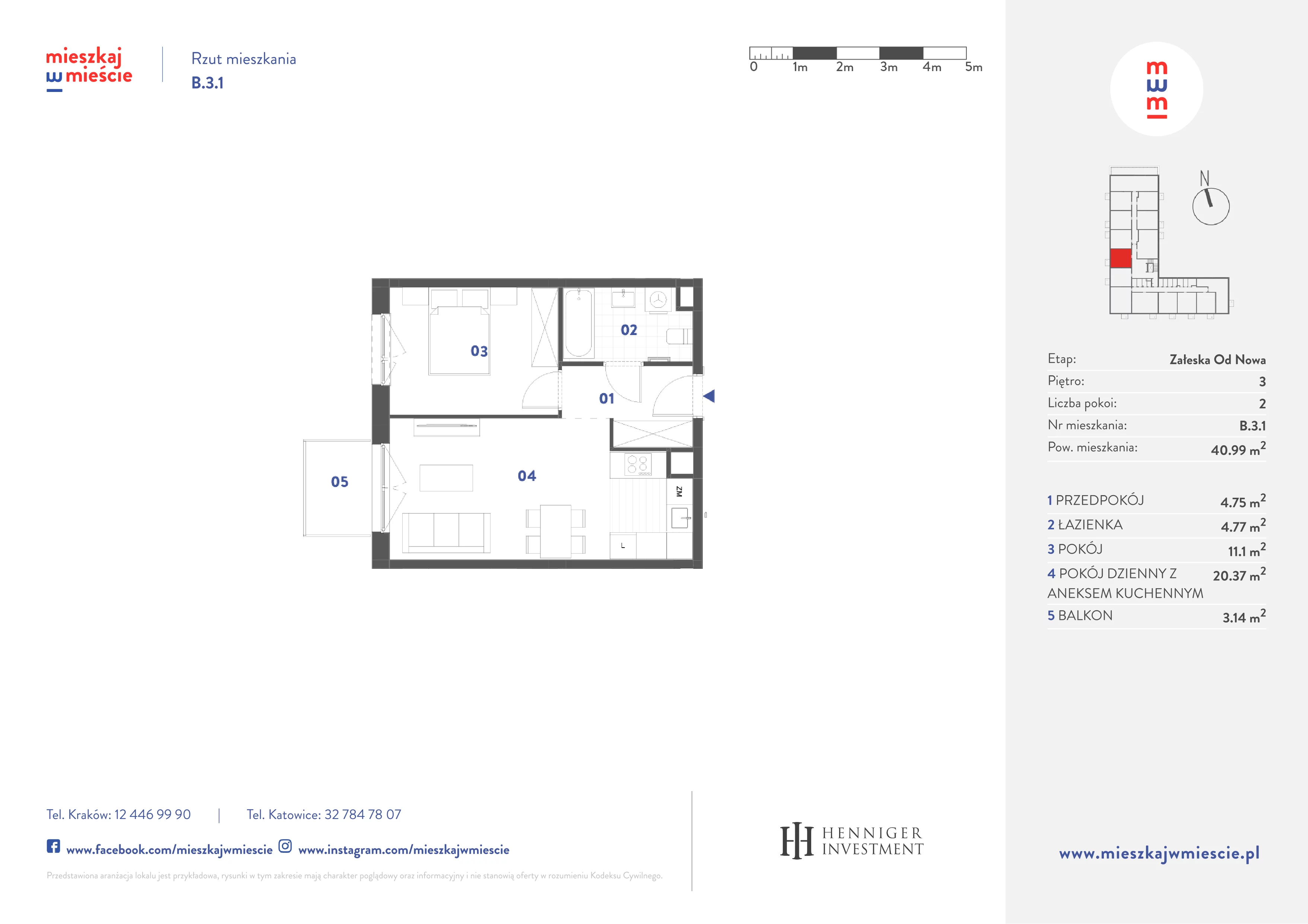2 pokoje, mieszkanie 40,99 m², piętro 3, oferta nr B.3.1, Mieszkaj w mieście Załęska od Nowa, Katowice, Załęska Hałda-Brynów, Załęska Hałda, ul. Załęska Hałda