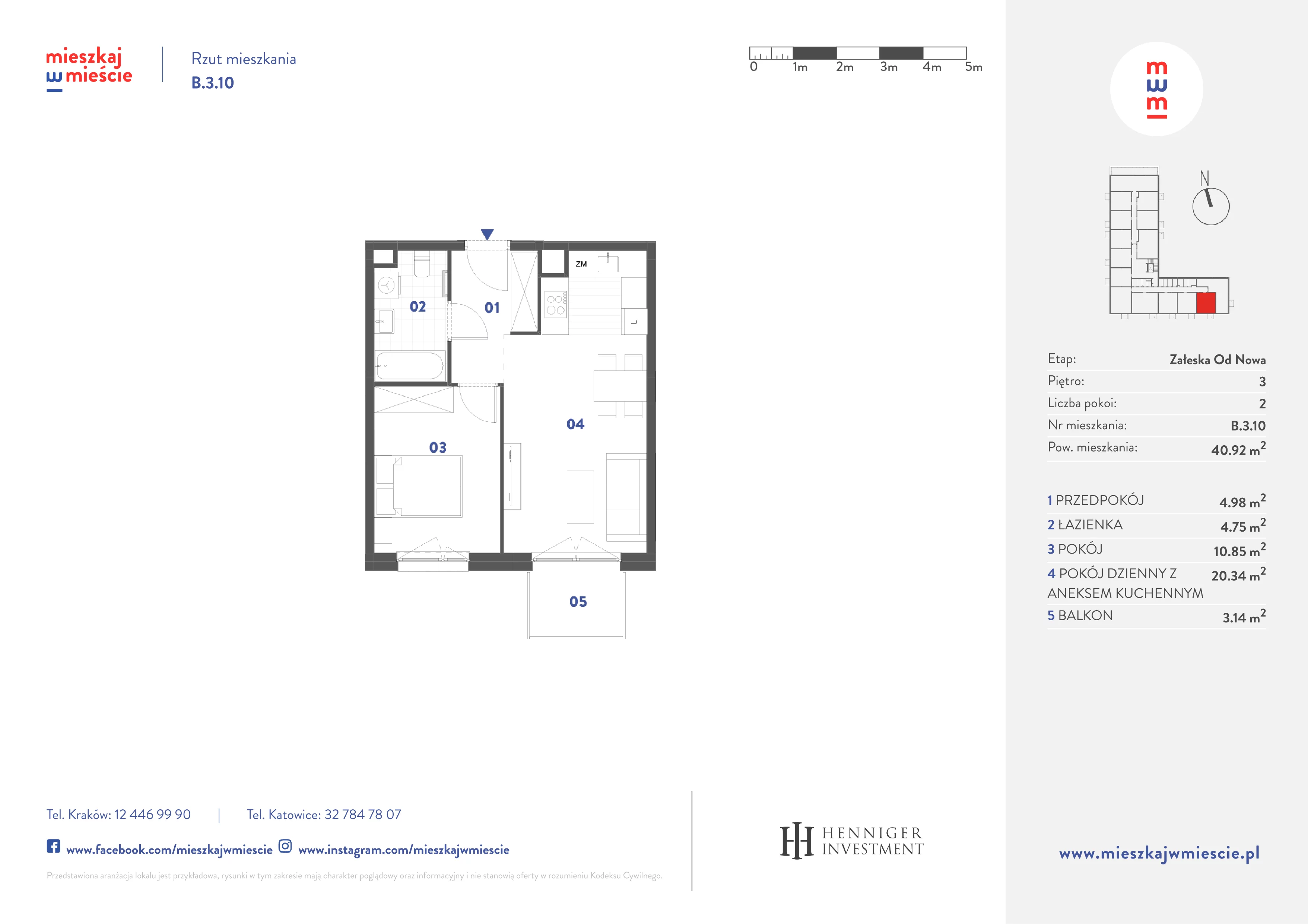 2 pokoje, mieszkanie 40,92 m², piętro 3, oferta nr B.3.10, Mieszkaj w mieście Załęska od Nowa, Katowice, Załęska Hałda-Brynów, Załęska Hałda, ul. Załęska Hałda