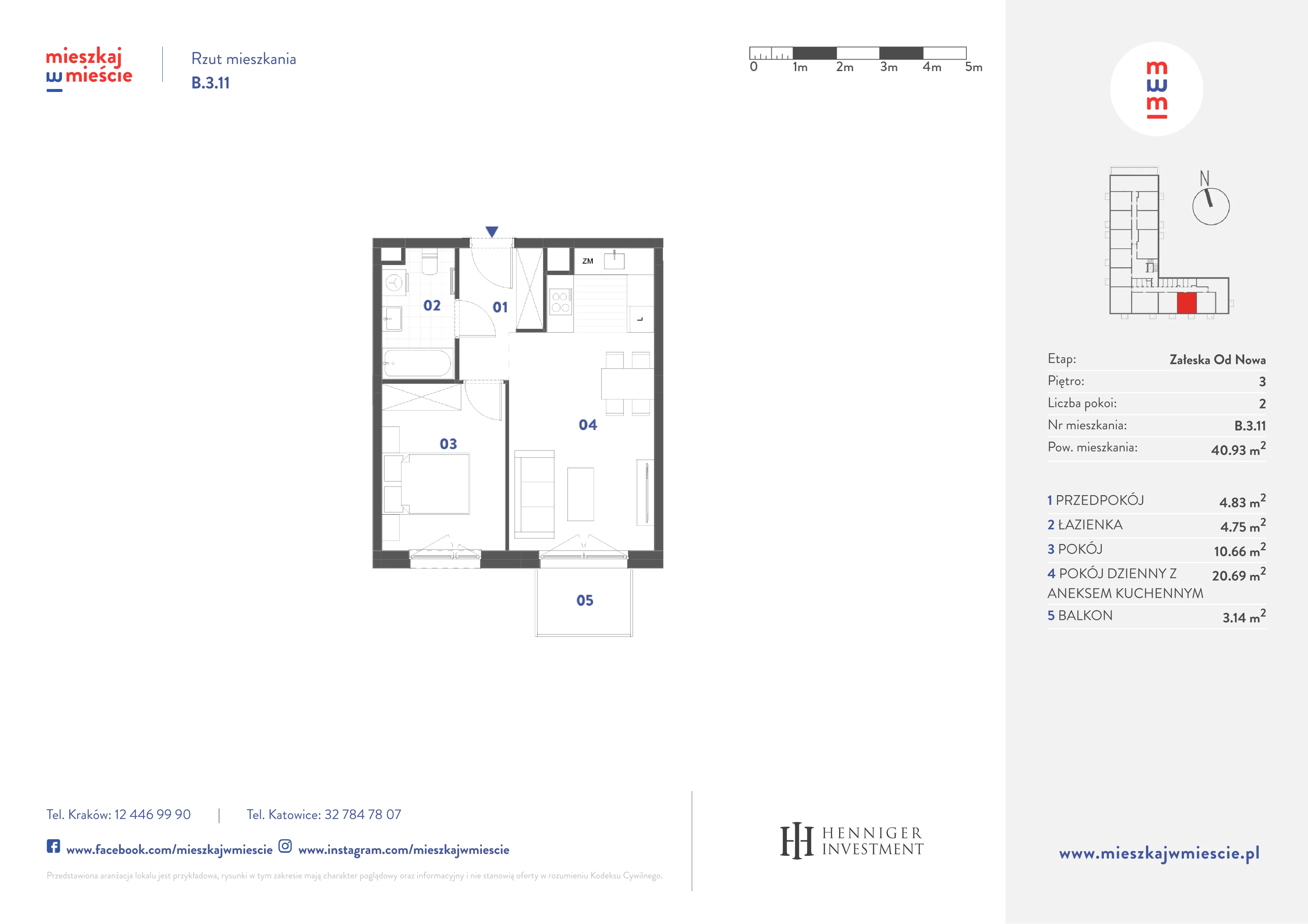 2 pokoje, mieszkanie 40,93 m², piętro 3, oferta nr B.3.11, Mieszkaj w mieście Załęska od Nowa, Katowice, Załęska Hałda-Brynów, Załęska Hałda, ul. Załęska Hałda