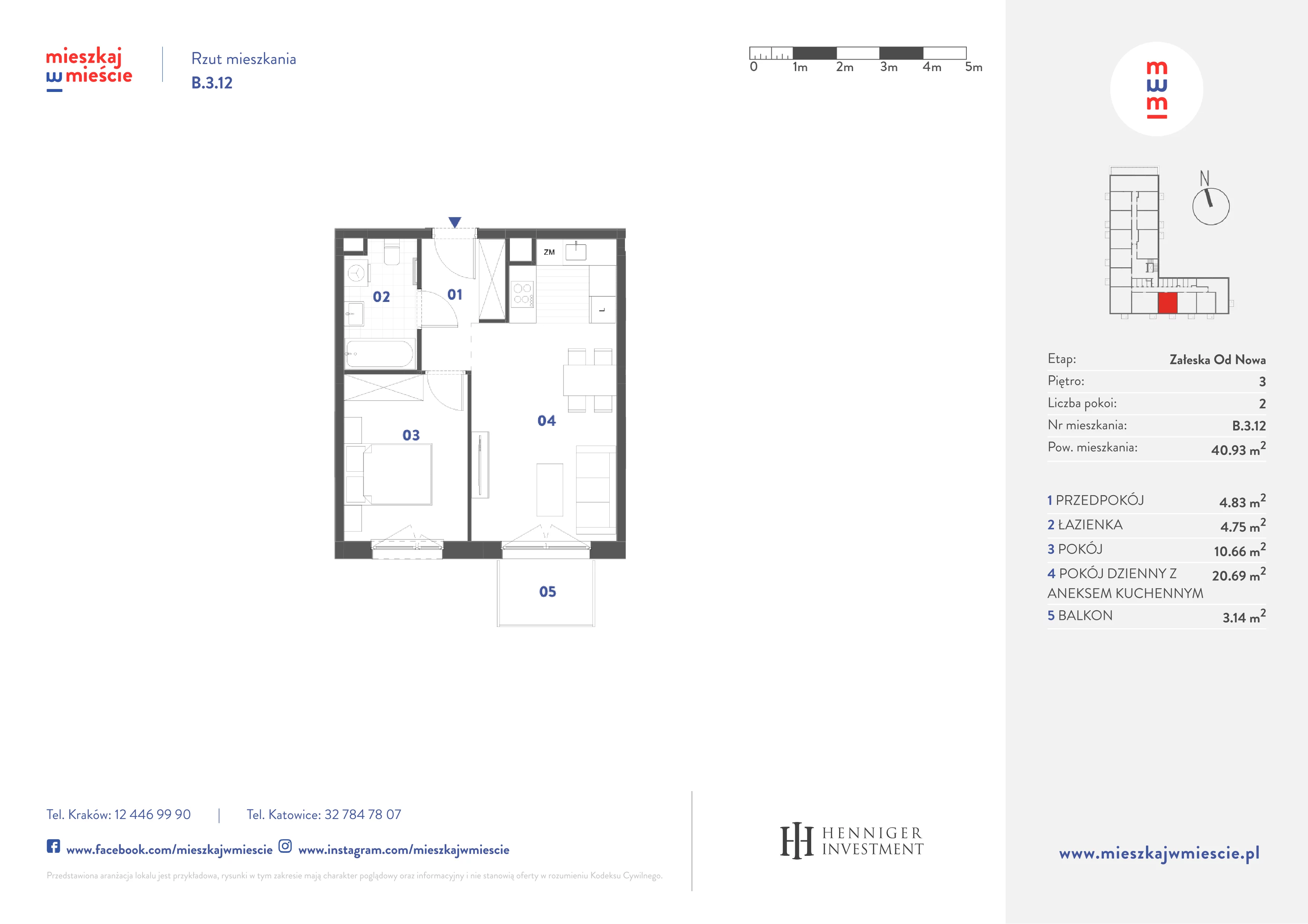 2 pokoje, mieszkanie 40,93 m², piętro 3, oferta nr B.3.12, Mieszkaj w mieście Załęska od Nowa, Katowice, Załęska Hałda-Brynów, Załęska Hałda, ul. Załęska Hałda