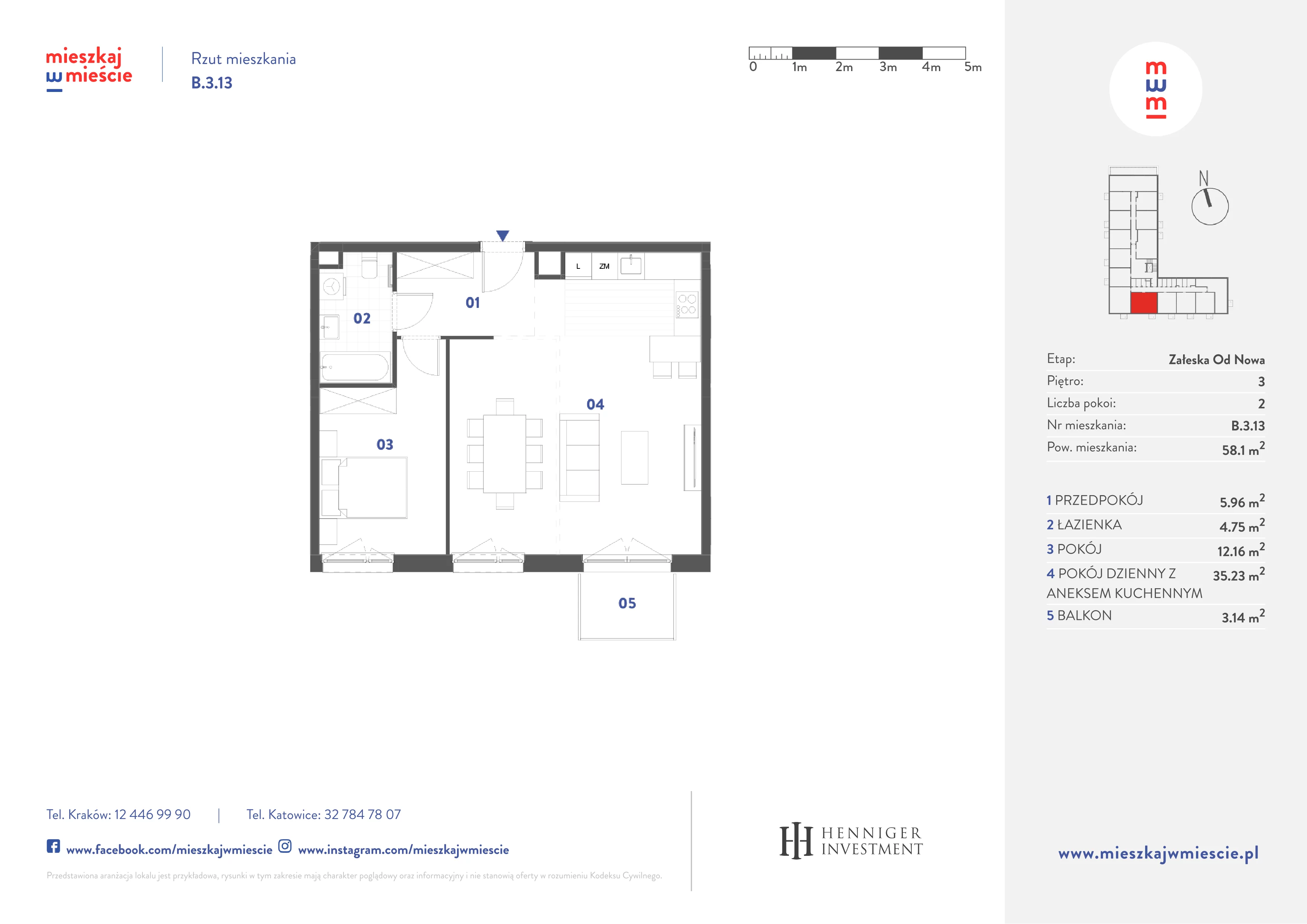2 pokoje, mieszkanie 58,10 m², piętro 3, oferta nr B.3.13, Mieszkaj w mieście Załęska od Nowa, Katowice, Załęska Hałda-Brynów, Załęska Hałda, ul. Załęska Hałda