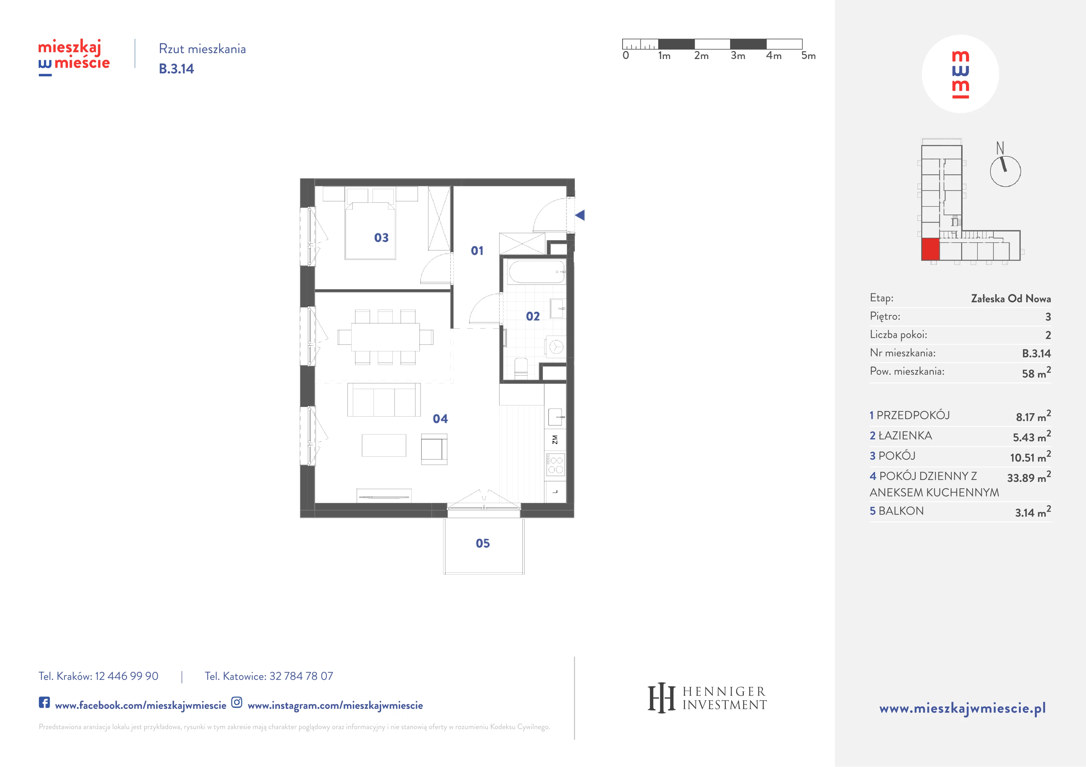 2 pokoje, mieszkanie 58,00 m², piętro 3, oferta nr B.3.14, Mieszkaj w mieście Załęska od Nowa, Katowice, Załęska Hałda-Brynów, Załęska Hałda, ul. Załęska Hałda