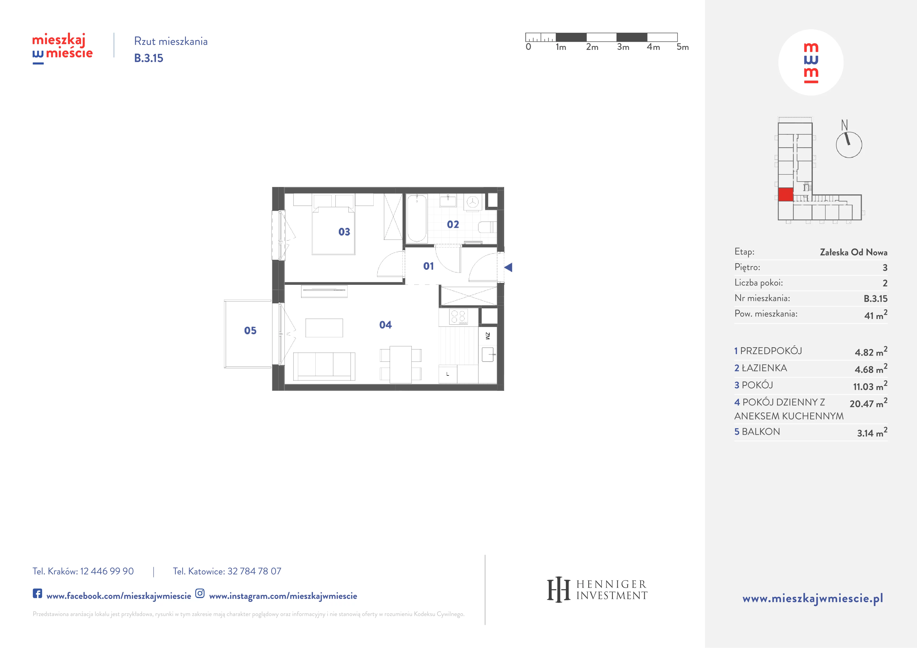 2 pokoje, mieszkanie 41,00 m², piętro 3, oferta nr B.3.15, Mieszkaj w mieście Załęska od Nowa, Katowice, Załęska Hałda-Brynów, Załęska Hałda, ul. Załęska Hałda