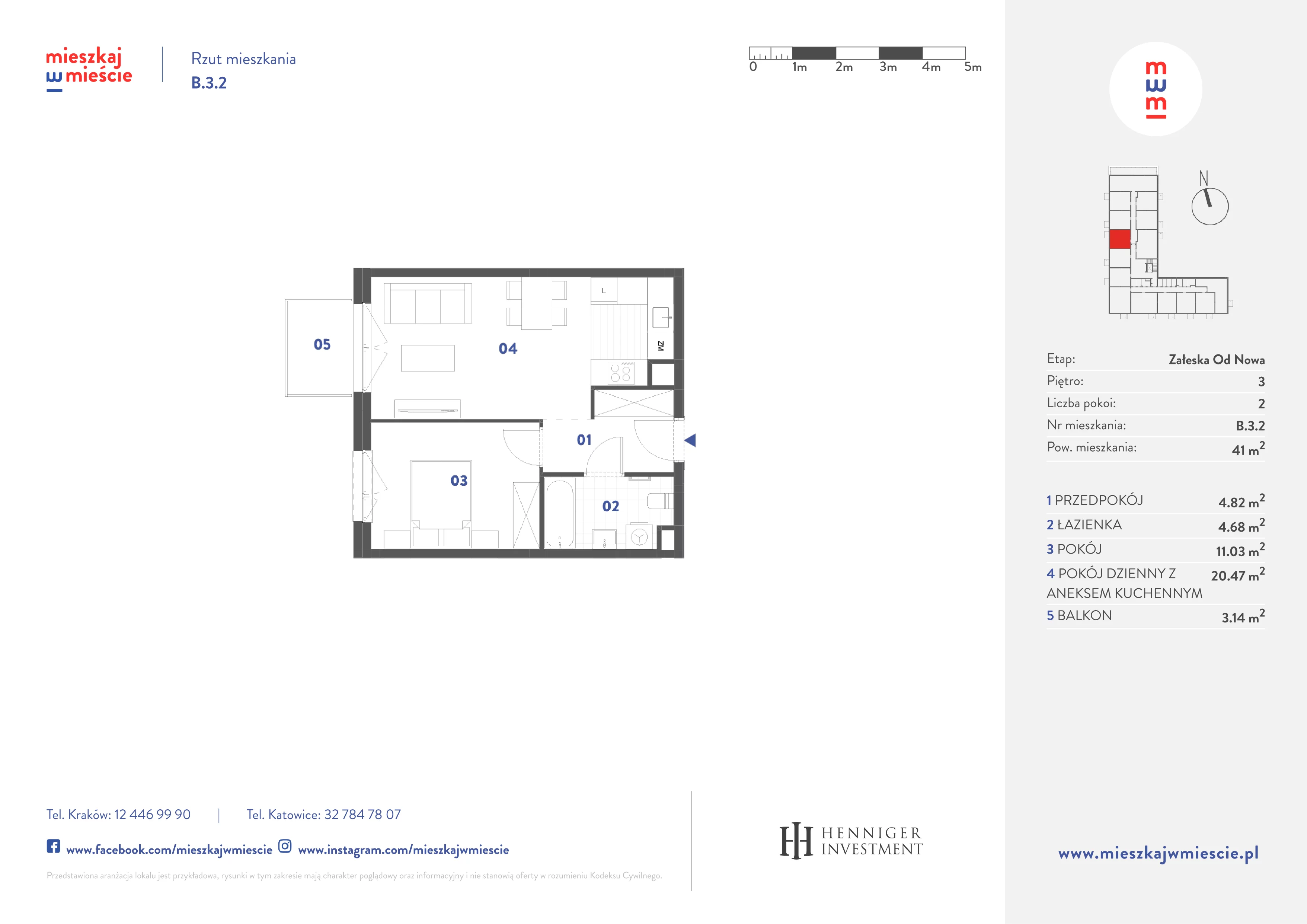 2 pokoje, mieszkanie 41,00 m², piętro 3, oferta nr B.3.2, Mieszkaj w mieście Załęska od Nowa, Katowice, Załęska Hałda-Brynów, Załęska Hałda, ul. Załęska Hałda