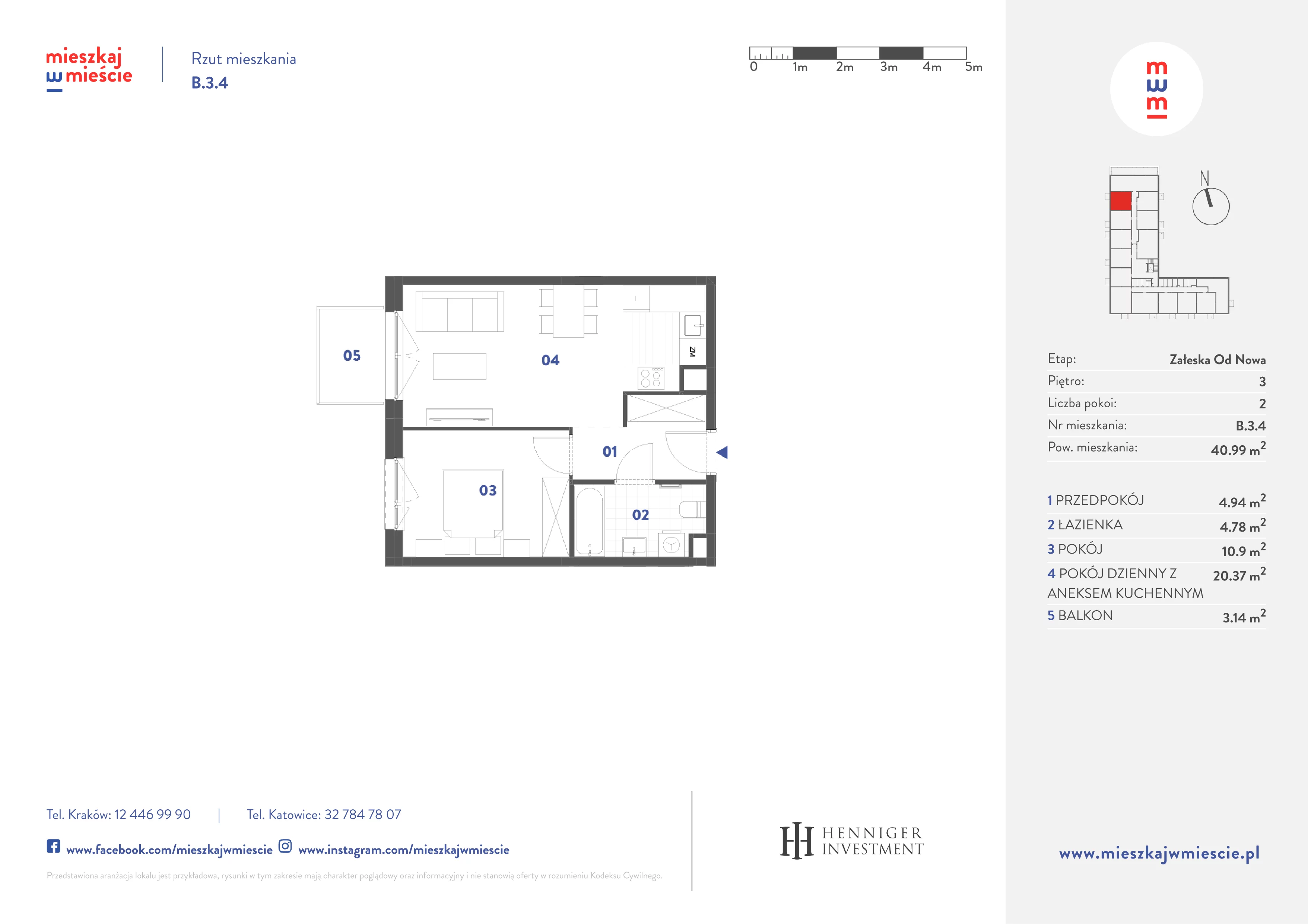 2 pokoje, mieszkanie 40,99 m², piętro 3, oferta nr B.3.4, Mieszkaj w mieście Załęska od Nowa, Katowice, Załęska Hałda-Brynów, Załęska Hałda, ul. Załęska Hałda