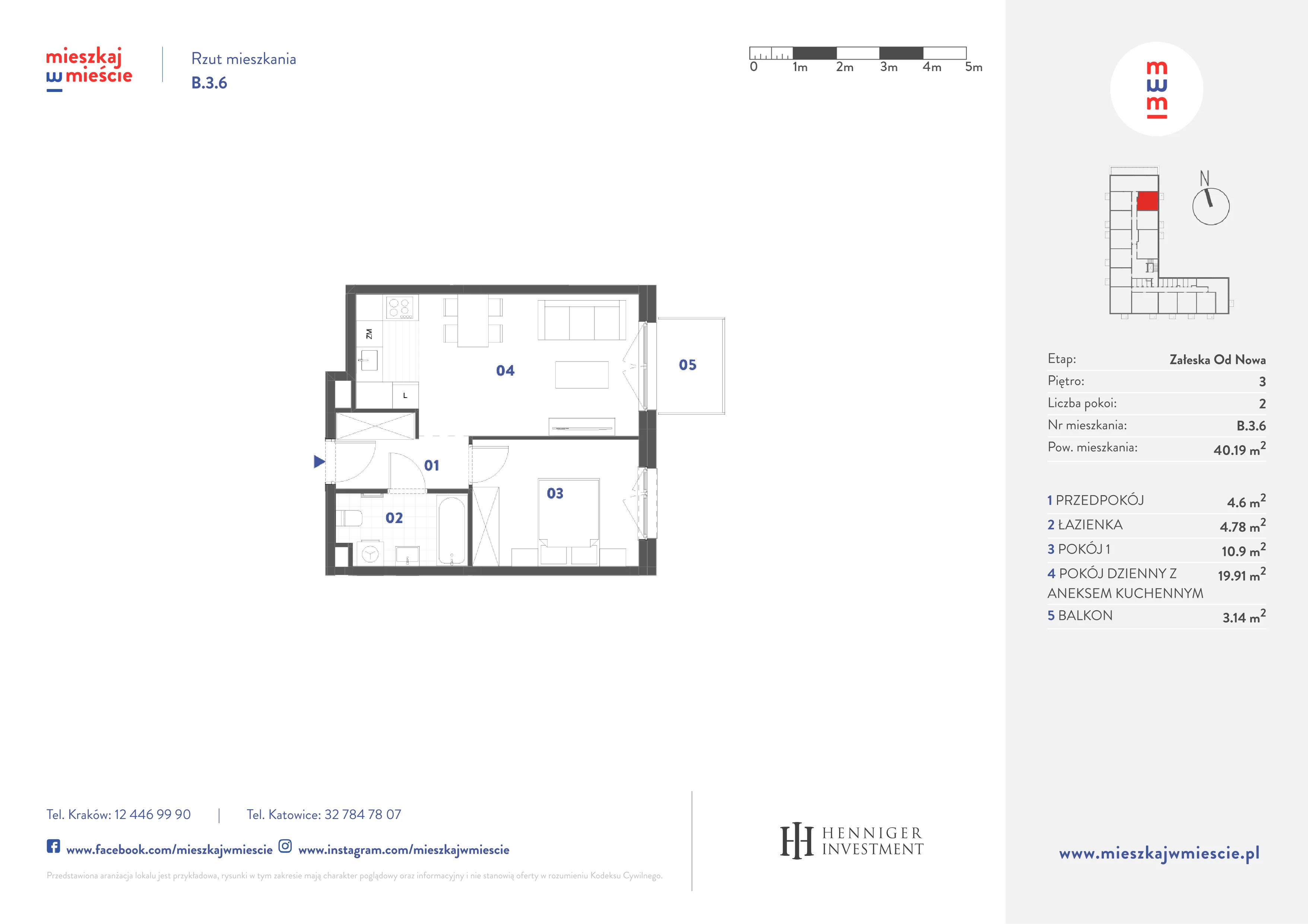 2 pokoje, mieszkanie 40,19 m², piętro 3, oferta nr B.3.6, Mieszkaj w mieście Załęska od Nowa, Katowice, Załęska Hałda-Brynów, Załęska Hałda, ul. Załęska Hałda