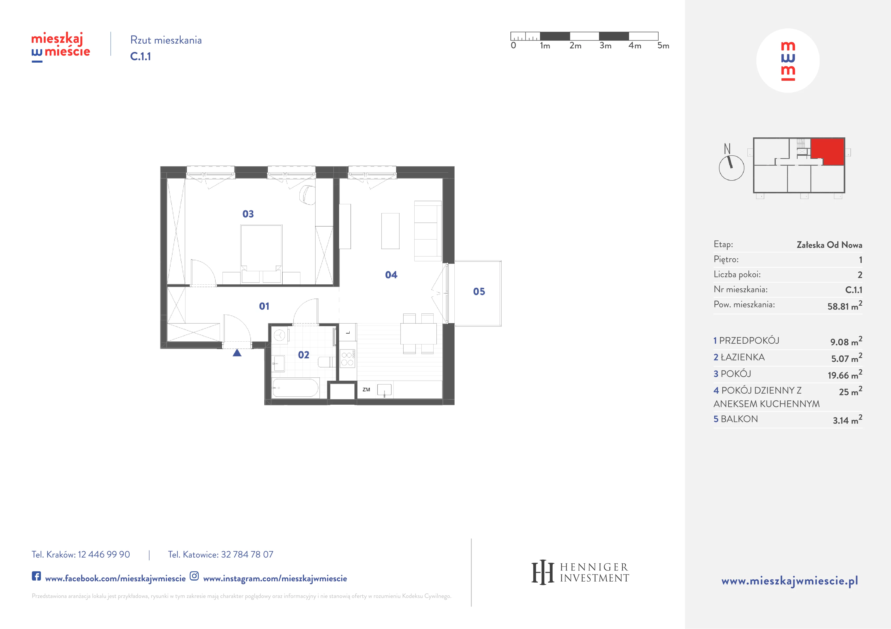 2 pokoje, mieszkanie 58,81 m², piętro 1, oferta nr C.1.1, Mieszkaj w mieście Załęska od Nowa, Katowice, Załęska Hałda-Brynów, Załęska Hałda, ul. Załęska Hałda