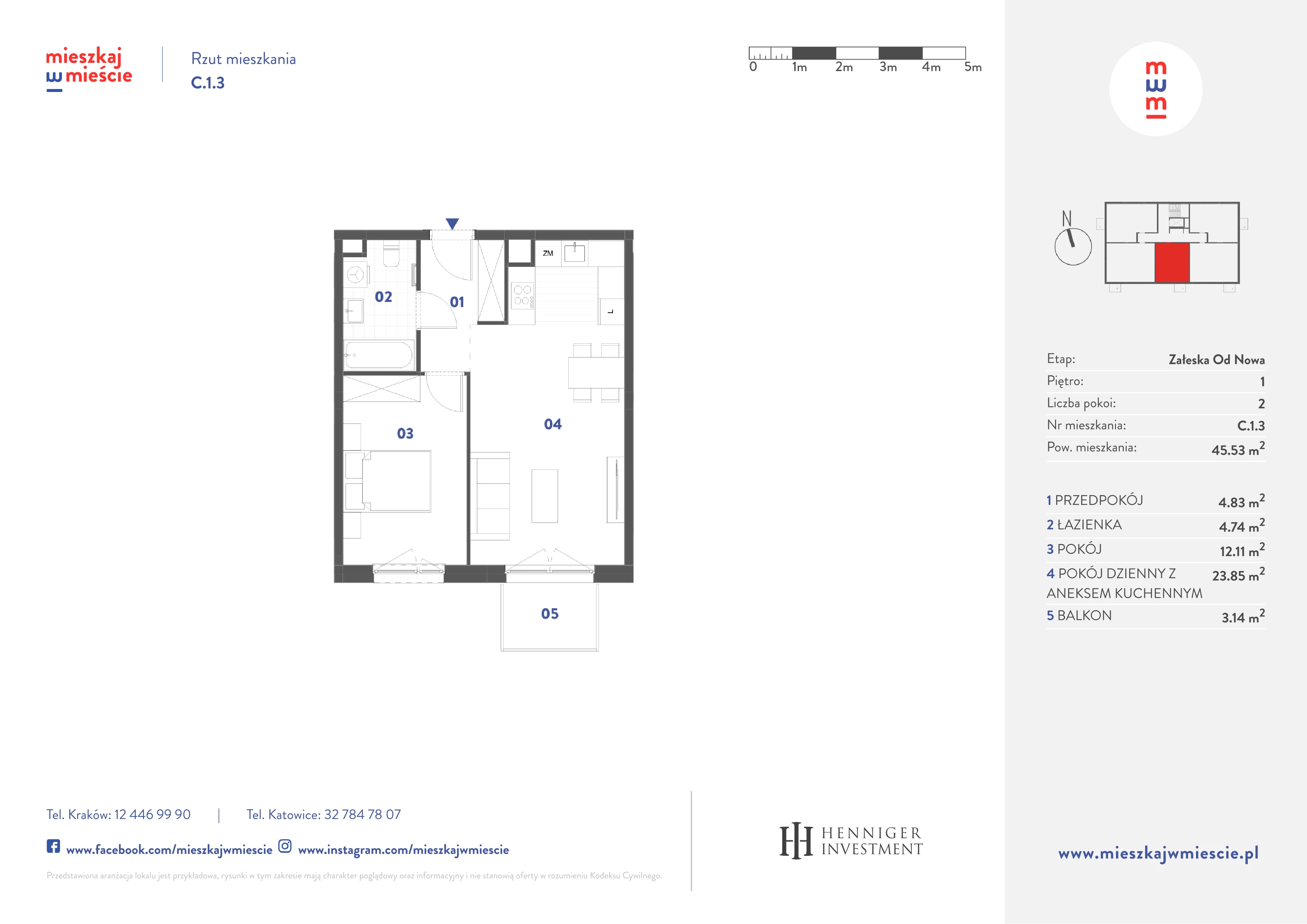 2 pokoje, mieszkanie 45,53 m², piętro 1, oferta nr C.1.3, Mieszkaj w mieście Załęska od Nowa, Katowice, Załęska Hałda-Brynów, Załęska Hałda, ul. Załęska Hałda