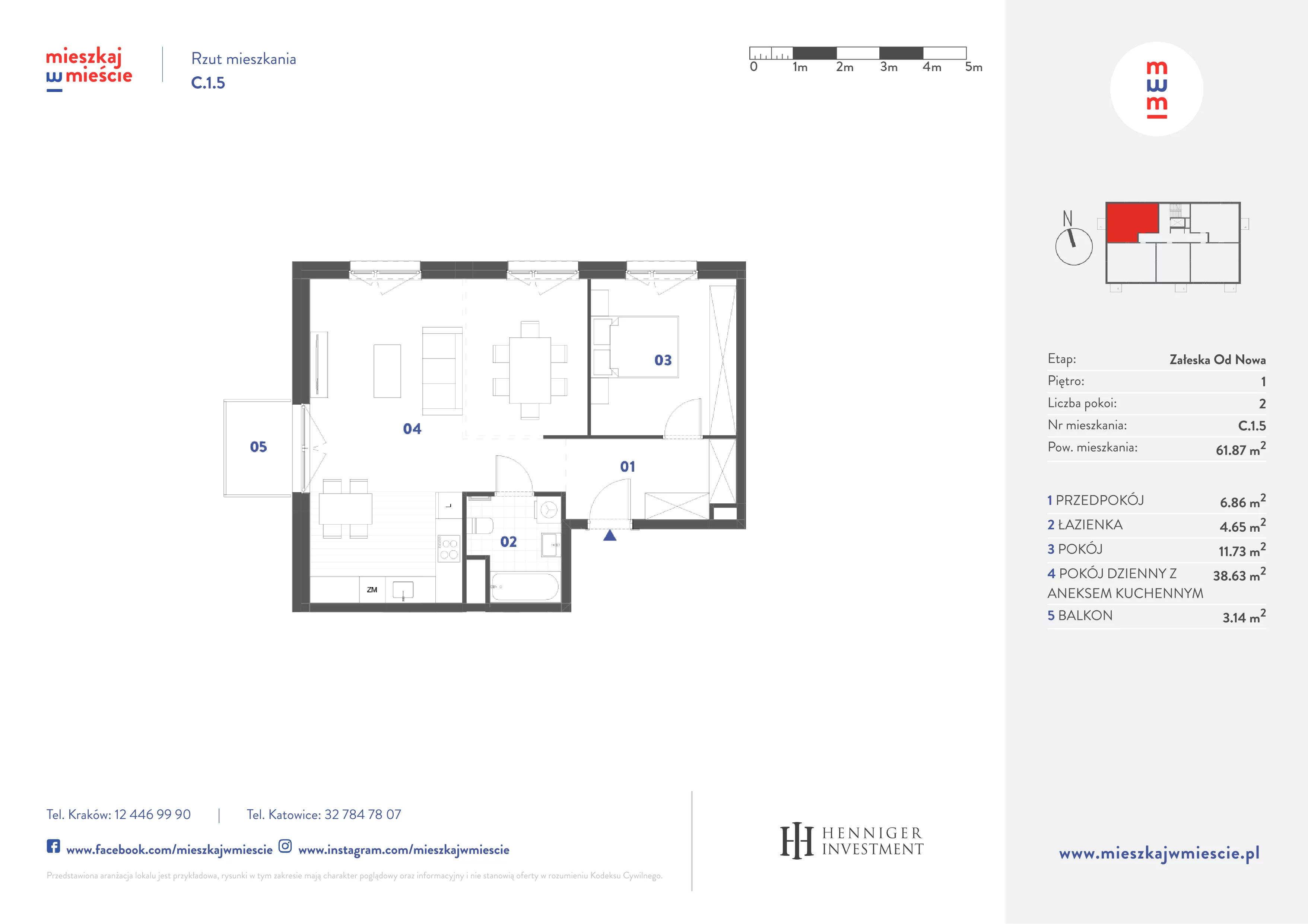 2 pokoje, mieszkanie 61,87 m², piętro 1, oferta nr C.1.5, Mieszkaj w mieście Załęska od Nowa, Katowice, Załęska Hałda-Brynów, Załęska Hałda, ul. Załęska Hałda