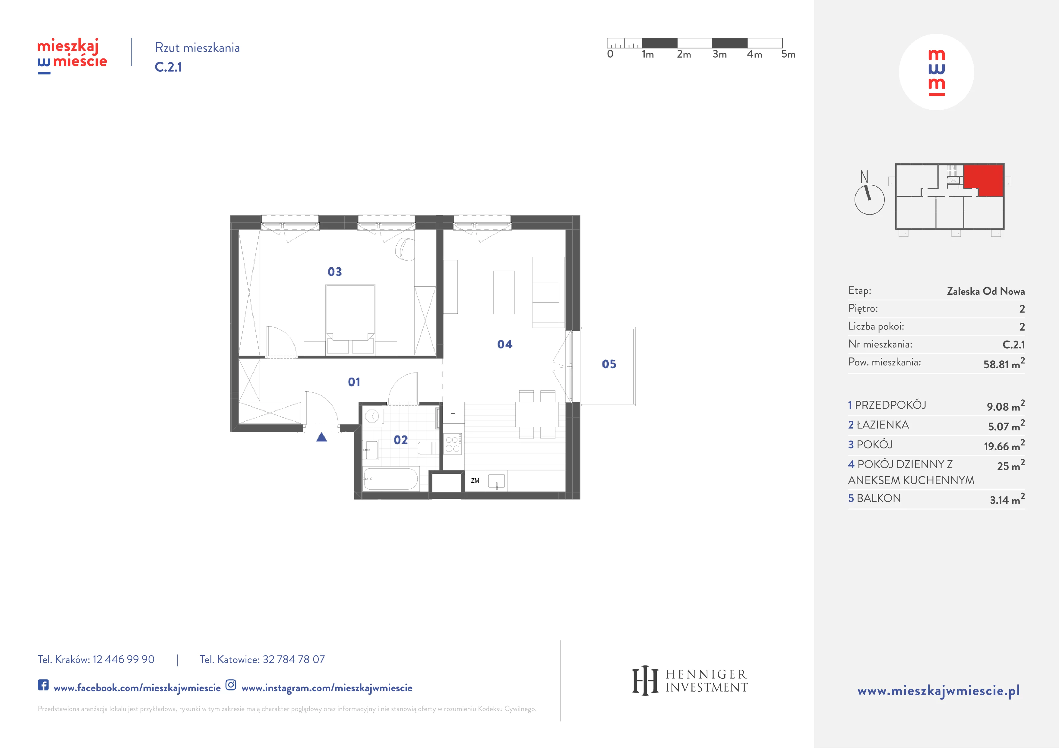 2 pokoje, mieszkanie 58,81 m², piętro 2, oferta nr C.2.1, Mieszkaj w mieście Załęska od Nowa, Katowice, Załęska Hałda-Brynów, Załęska Hałda, ul. Załęska Hałda