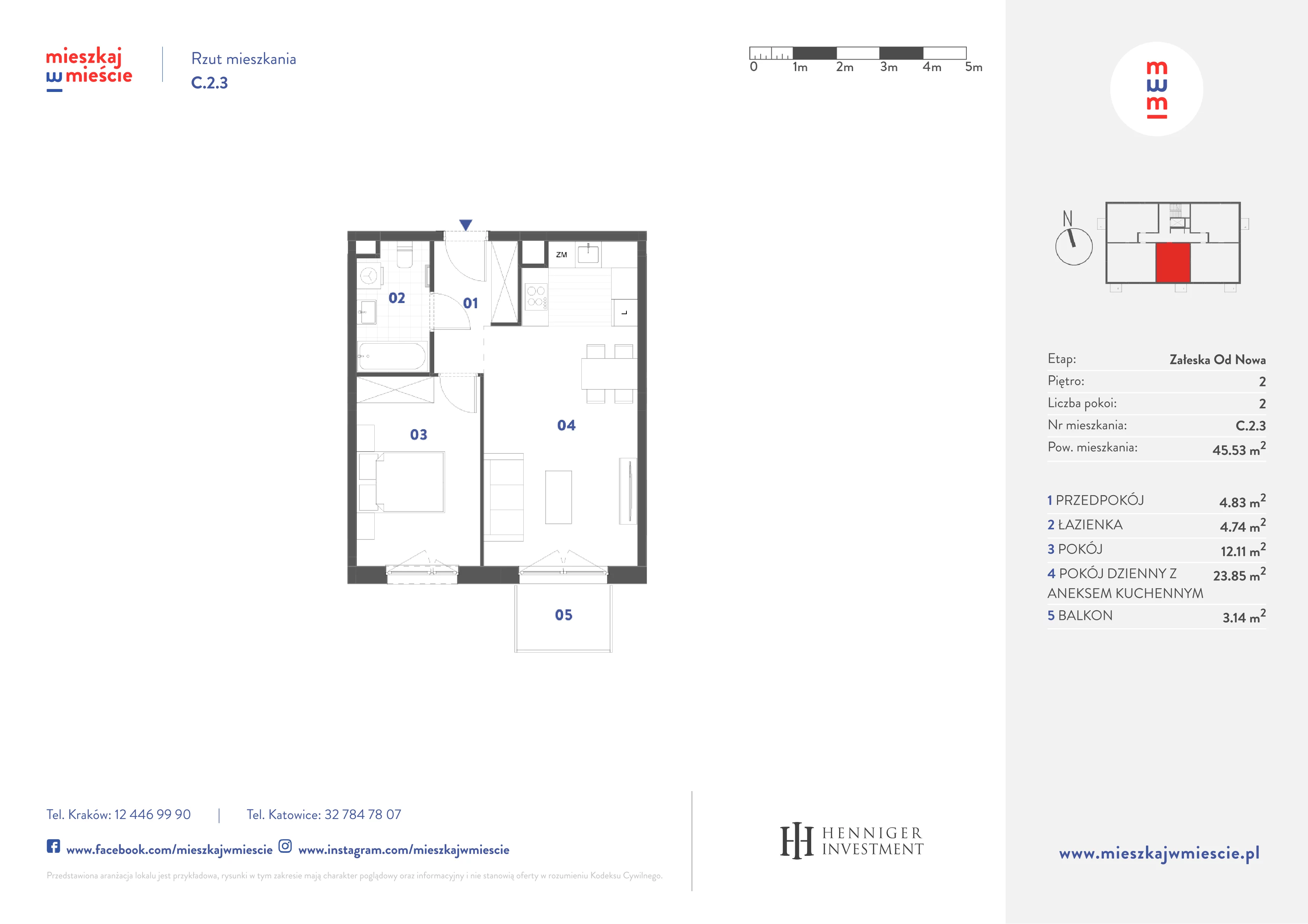 2 pokoje, mieszkanie 45,53 m², piętro 2, oferta nr C.2.3, Mieszkaj w mieście Załęska od Nowa, Katowice, Załęska Hałda-Brynów, Załęska Hałda, ul. Załęska Hałda