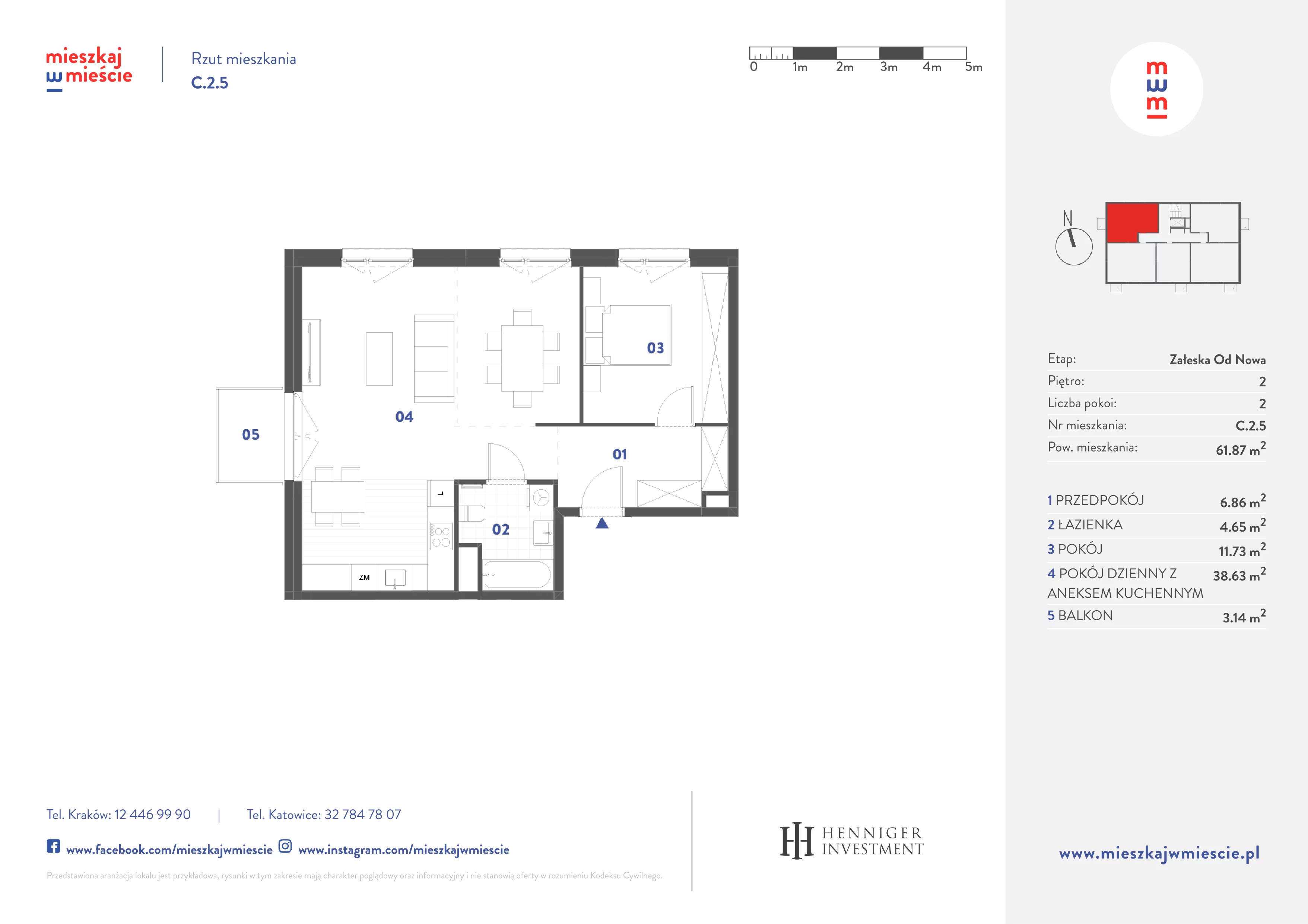 2 pokoje, mieszkanie 61,87 m², piętro 2, oferta nr C.2.5, Mieszkaj w mieście Załęska od Nowa, Katowice, Załęska Hałda-Brynów, Załęska Hałda, ul. Załęska Hałda