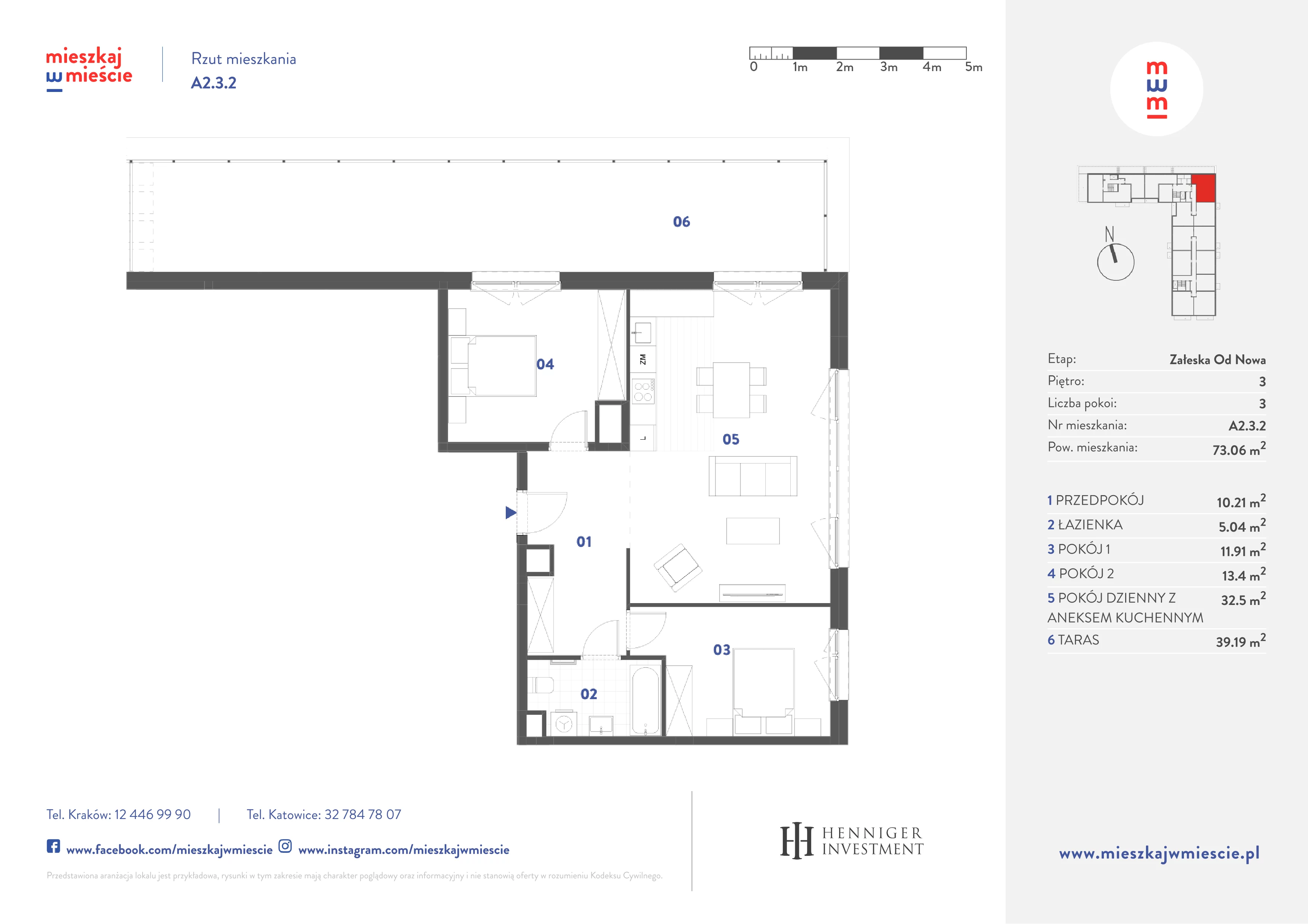 3 pokoje, mieszkanie 73,06 m², piętro 3, oferta nr A2.3.2, Mieszkaj w mieście Załęska od Nowa, Katowice, Załęska Hałda-Brynów, Załęska Hałda, ul. Załęska Hałda
