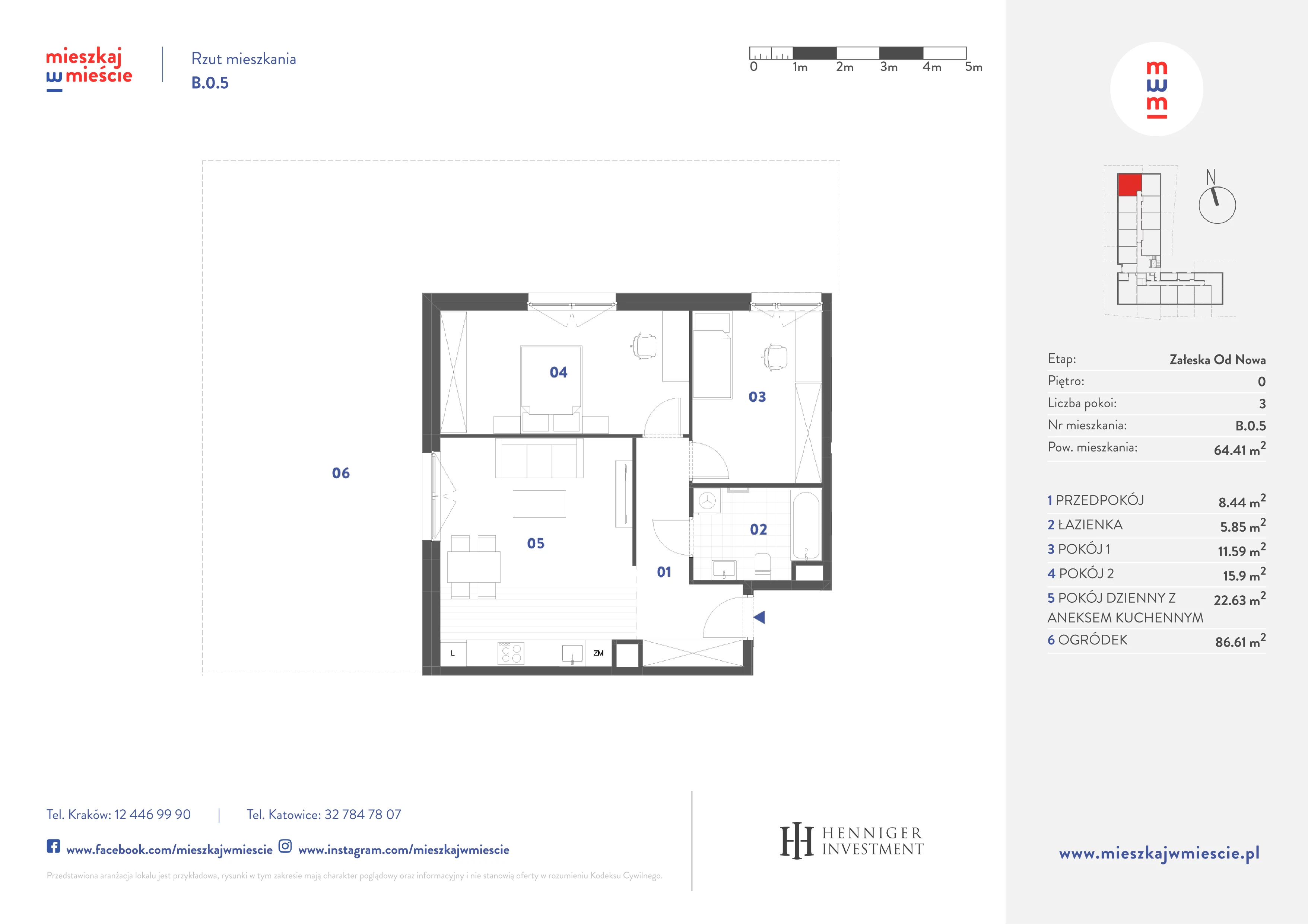 3 pokoje, mieszkanie 64,41 m², parter, oferta nr B.0.5, Mieszkaj w mieście Załęska od Nowa, Katowice, Załęska Hałda-Brynów, Załęska Hałda, ul. Załęska Hałda