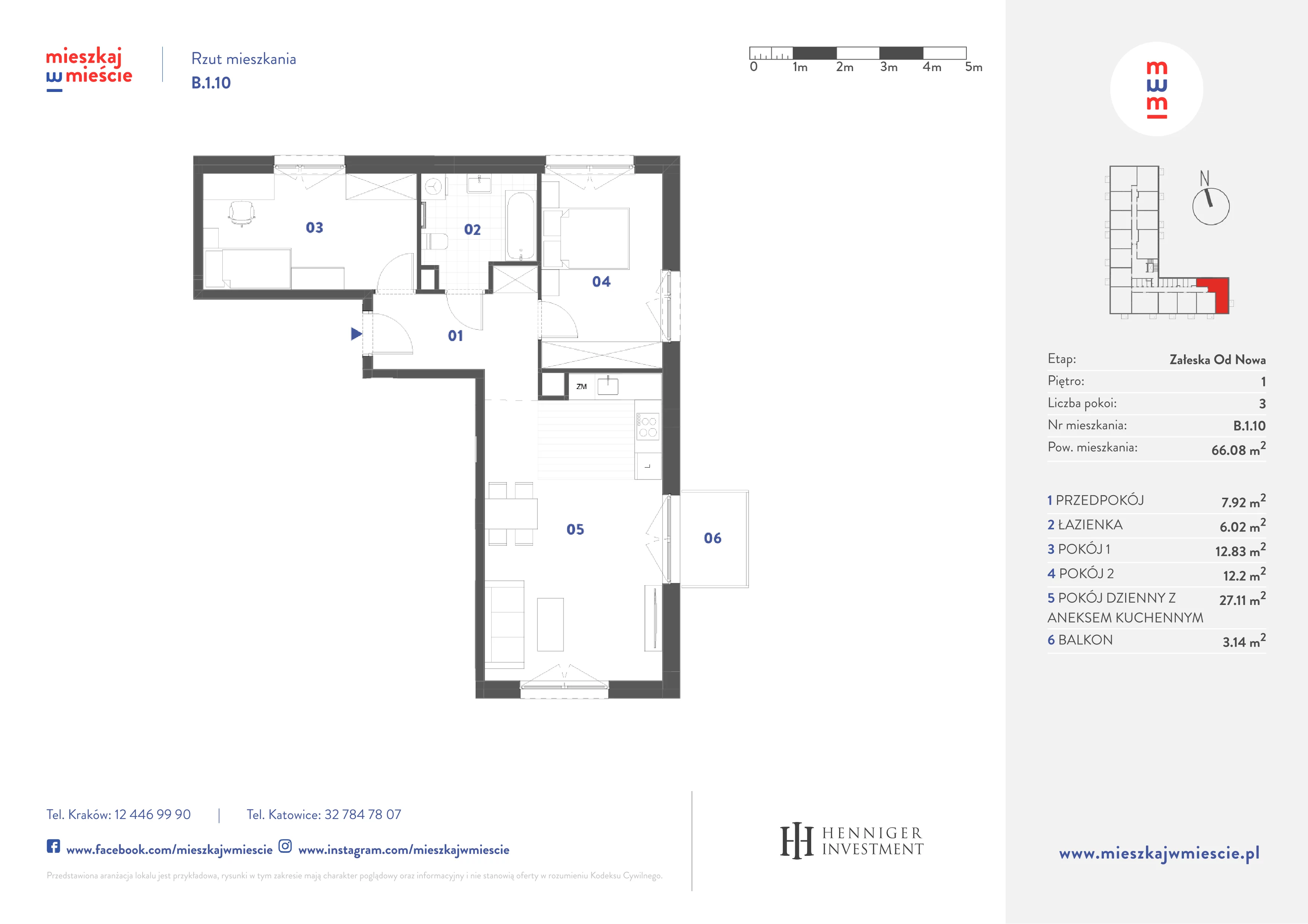 3 pokoje, mieszkanie 66,08 m², piętro 1, oferta nr B.1.10, Mieszkaj w mieście Załęska od Nowa, Katowice, Załęska Hałda-Brynów, Załęska Hałda, ul. Załęska Hałda