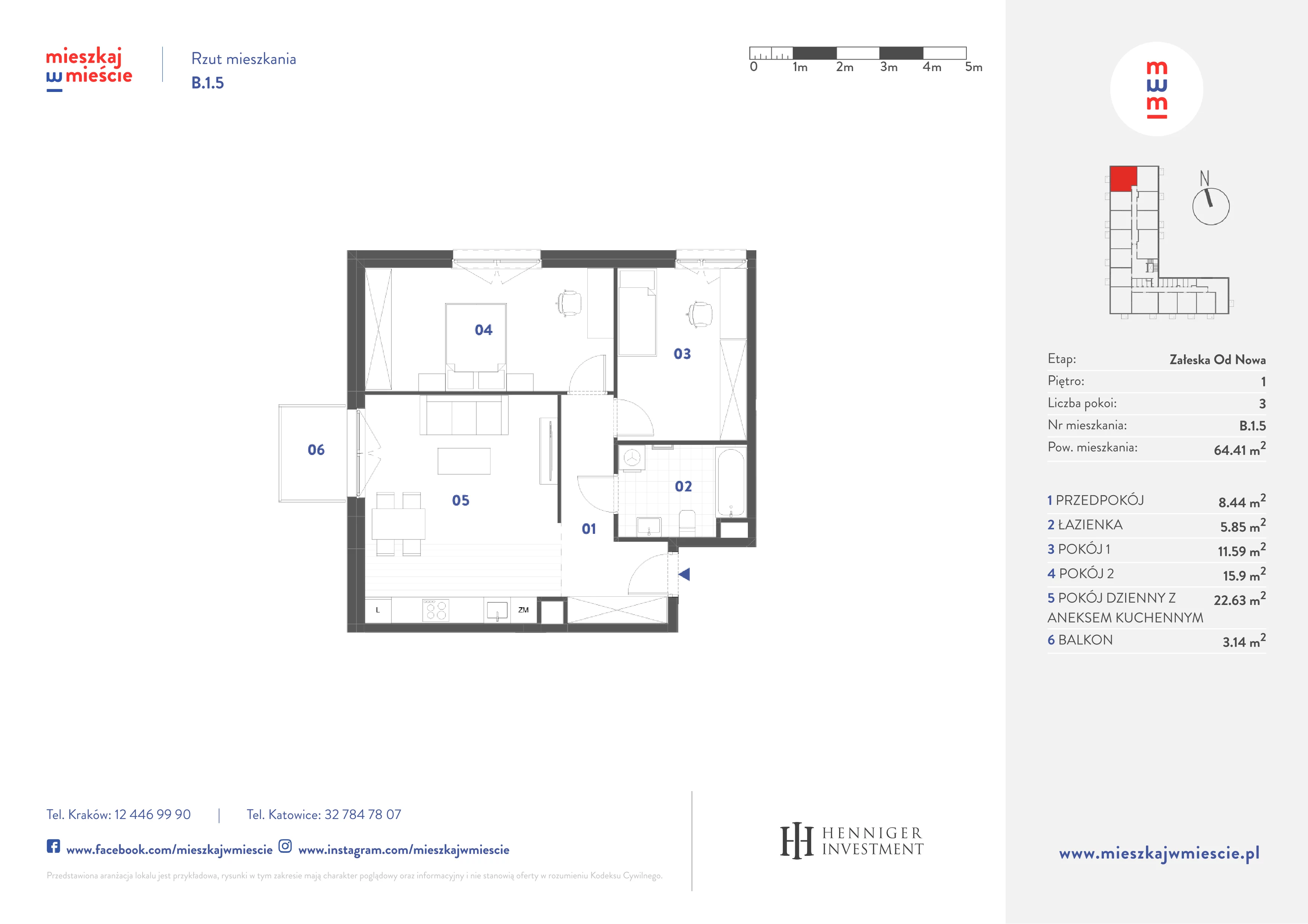 3 pokoje, mieszkanie 64,41 m², piętro 1, oferta nr B.1.5, Mieszkaj w mieście Załęska od Nowa, Katowice, Załęska Hałda-Brynów, Załęska Hałda, ul. Załęska Hałda