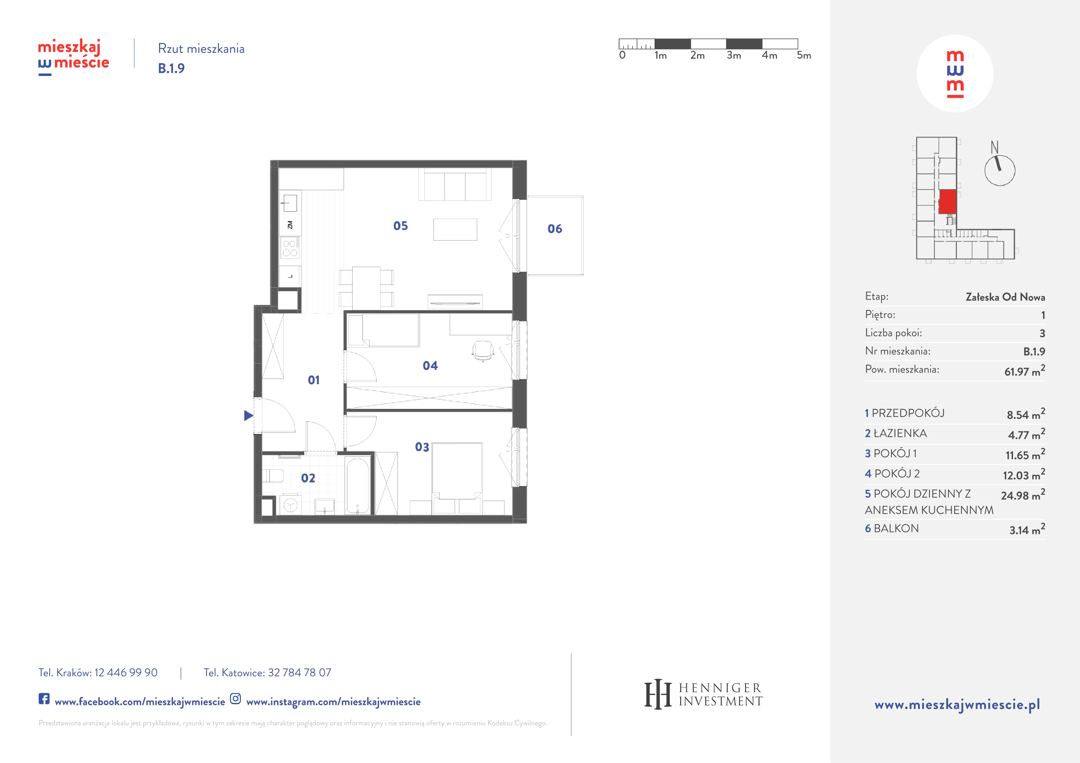 3 pokoje, mieszkanie 61,97 m², piętro 1, oferta nr B.1.9, Mieszkaj w mieście Załęska od Nowa, Katowice, Załęska Hałda-Brynów, Załęska Hałda, ul. Załęska Hałda