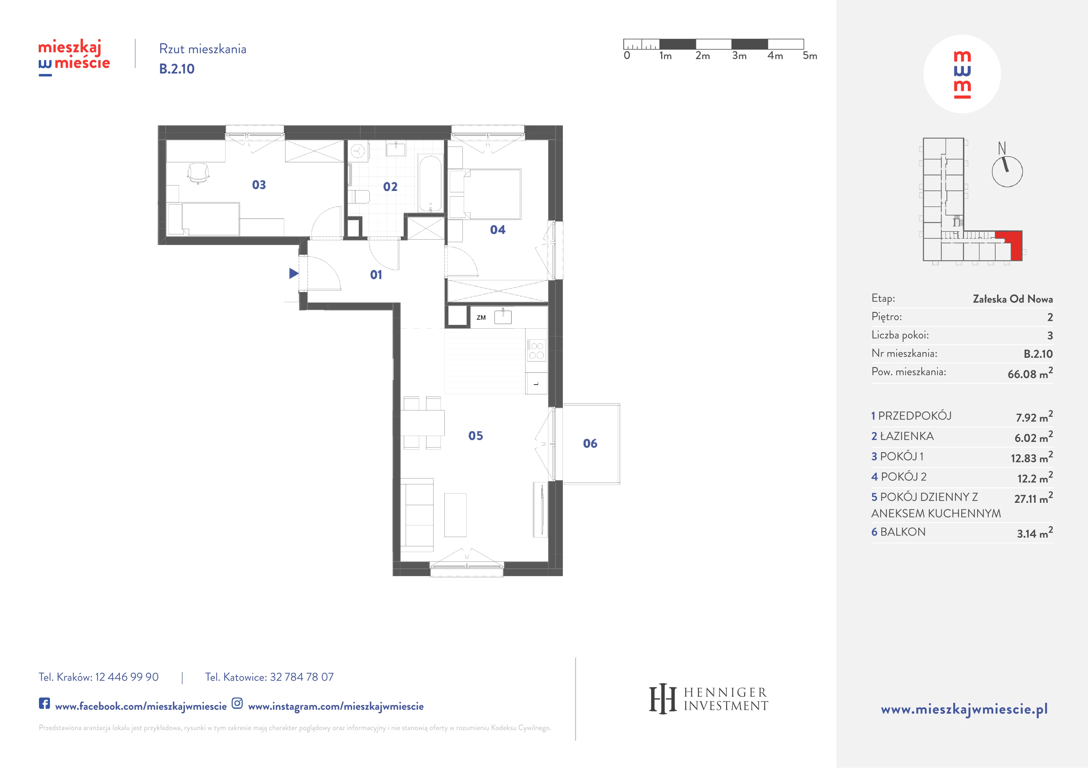 3 pokoje, mieszkanie 66,08 m², piętro 2, oferta nr B.2.10, Mieszkaj w mieście Załęska od Nowa, Katowice, Załęska Hałda-Brynów, Załęska Hałda, ul. Załęska Hałda