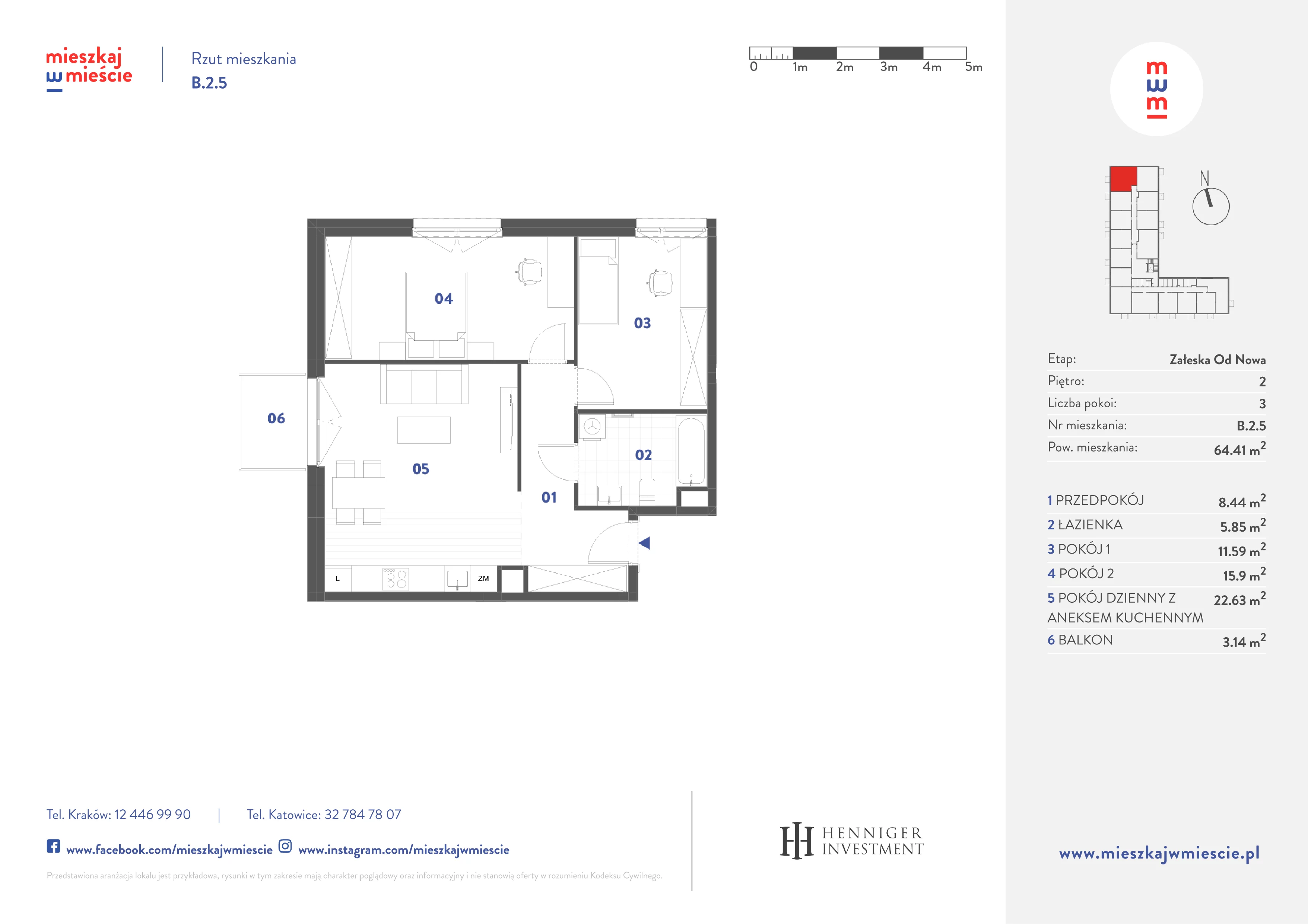 3 pokoje, mieszkanie 64,41 m², piętro 2, oferta nr B.2.5, Mieszkaj w mieście Załęska od Nowa, Katowice, Załęska Hałda-Brynów, Załęska Hałda, ul. Załęska Hałda