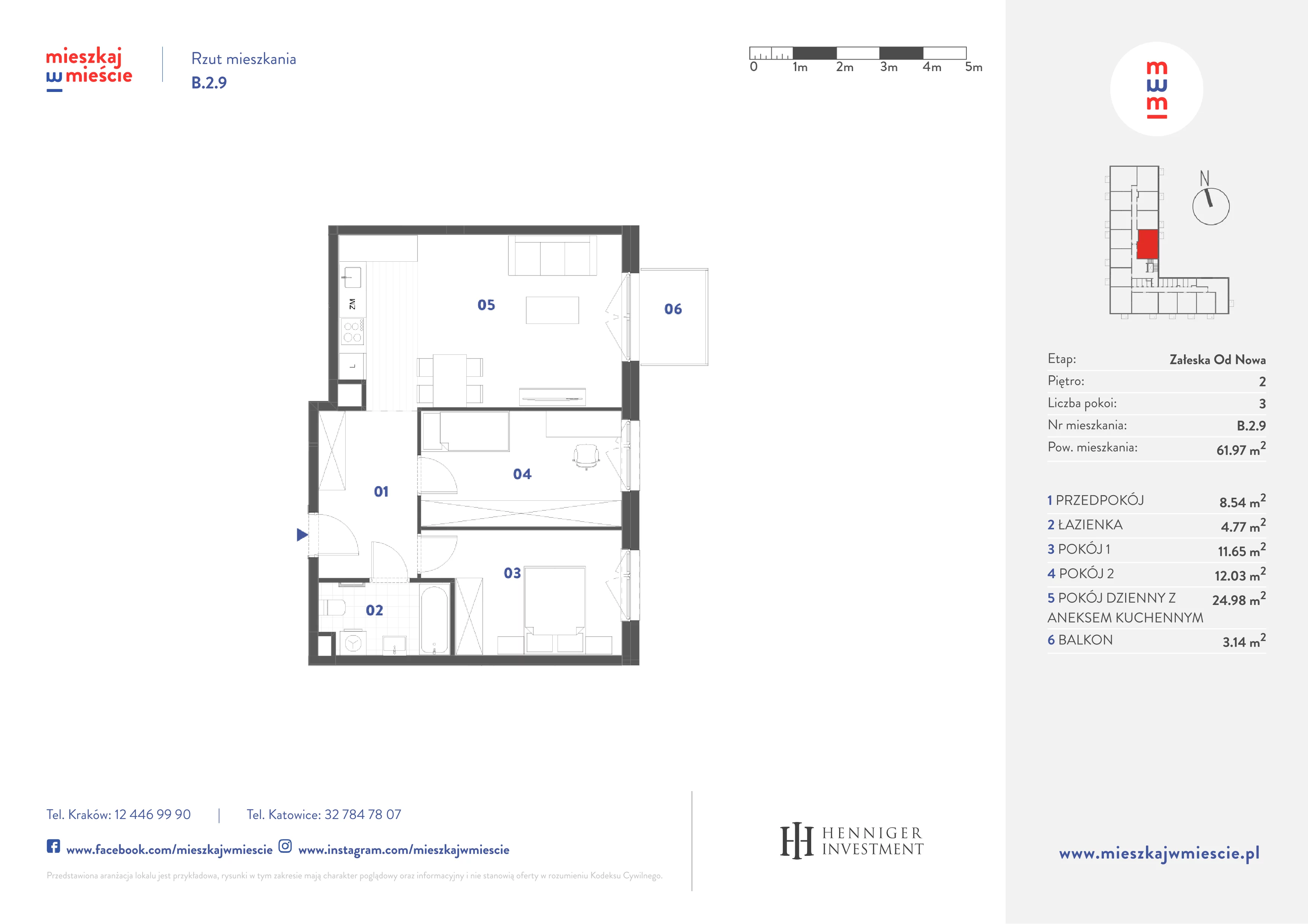 3 pokoje, mieszkanie 61,97 m², piętro 2, oferta nr B.2.9, Mieszkaj w mieście Załęska od Nowa, Katowice, Załęska Hałda-Brynów, Załęska Hałda, ul. Załęska Hałda