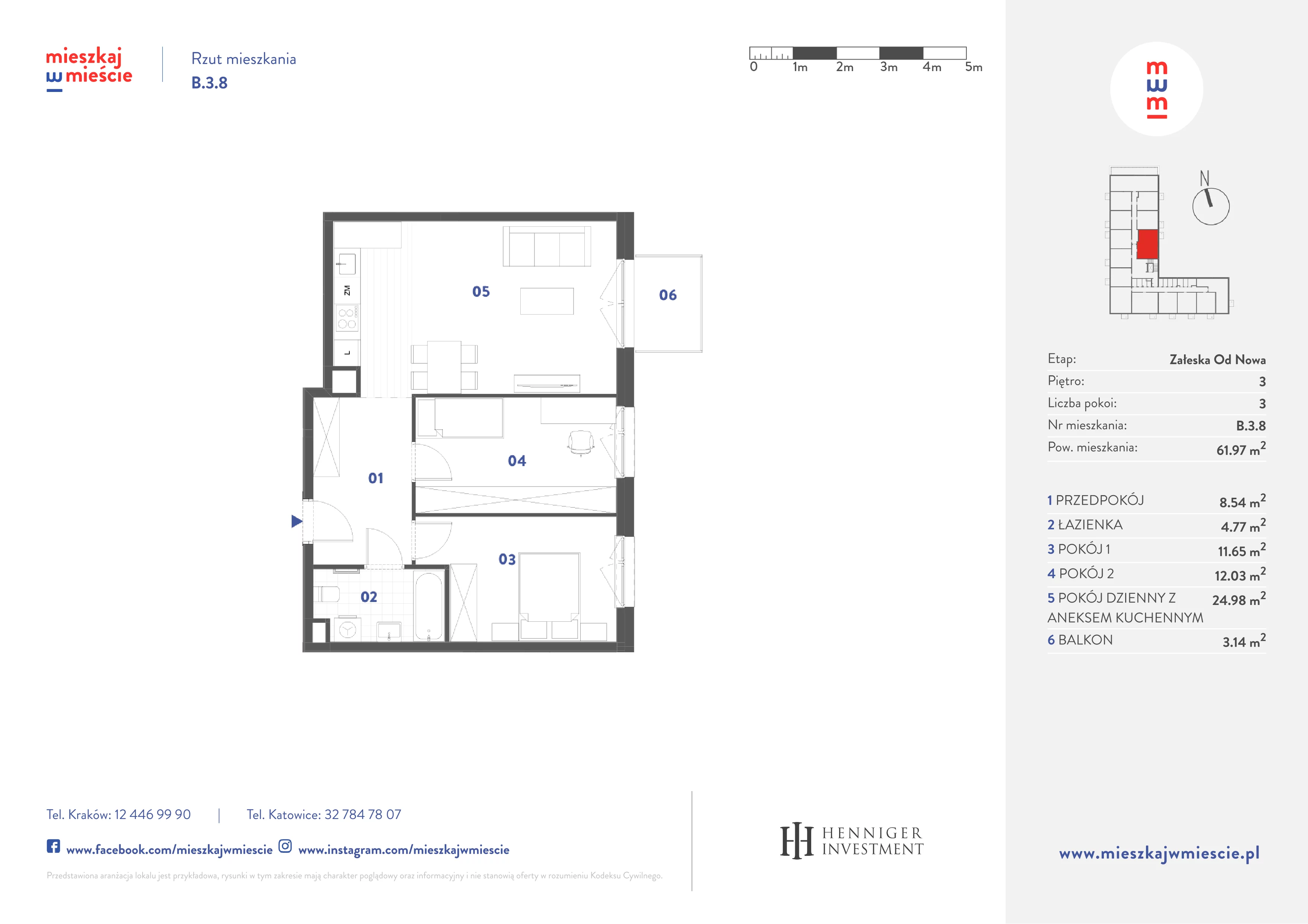 3 pokoje, mieszkanie 61,97 m², piętro 3, oferta nr B.3.8, Mieszkaj w mieście Załęska od Nowa, Katowice, Załęska Hałda-Brynów, Załęska Hałda, ul. Załęska Hałda