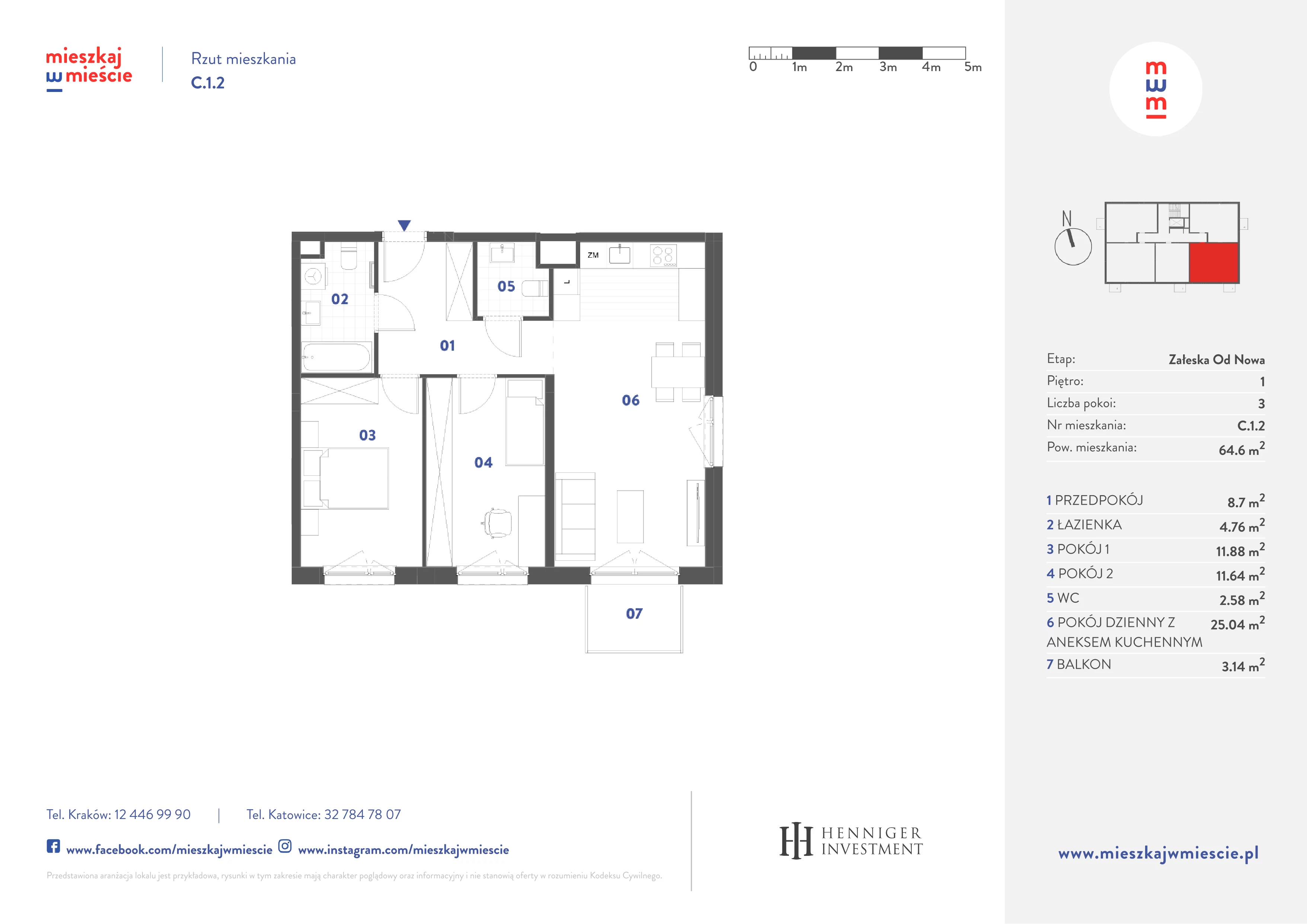 3 pokoje, mieszkanie 64,60 m², piętro 1, oferta nr C.1.2, Mieszkaj w mieście Załęska od Nowa, Katowice, Załęska Hałda-Brynów, Załęska Hałda, ul. Załęska Hałda