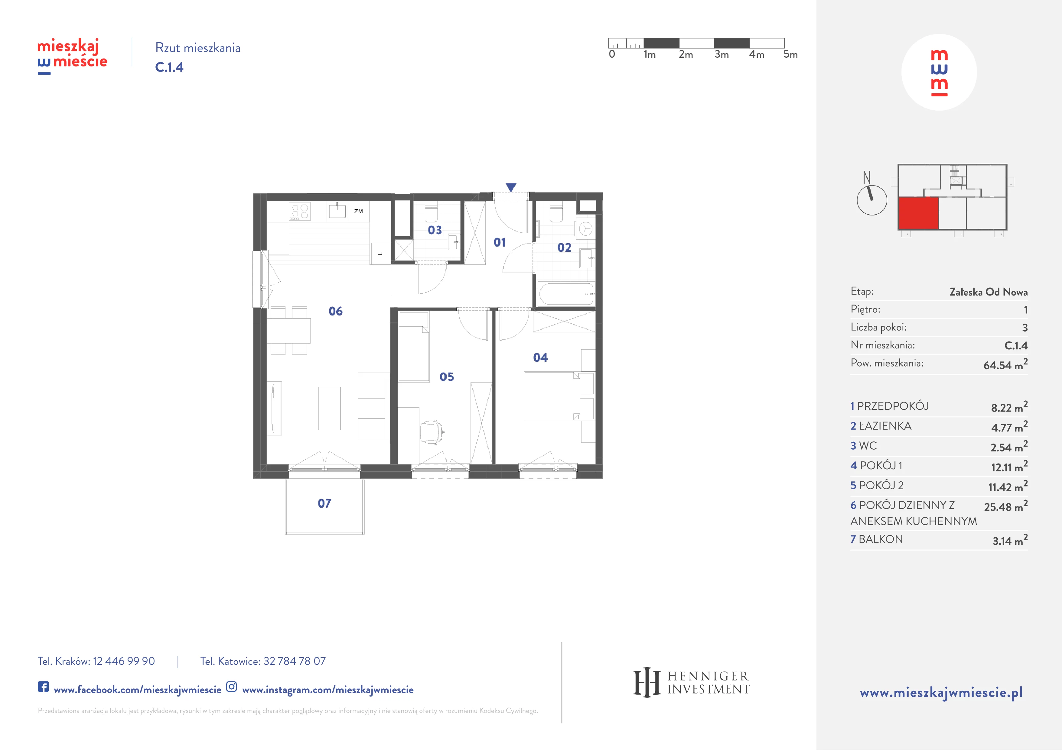 3 pokoje, mieszkanie 64,54 m², piętro 1, oferta nr C.1.4, Mieszkaj w mieście Załęska od Nowa, Katowice, Załęska Hałda-Brynów, Załęska Hałda, ul. Załęska Hałda