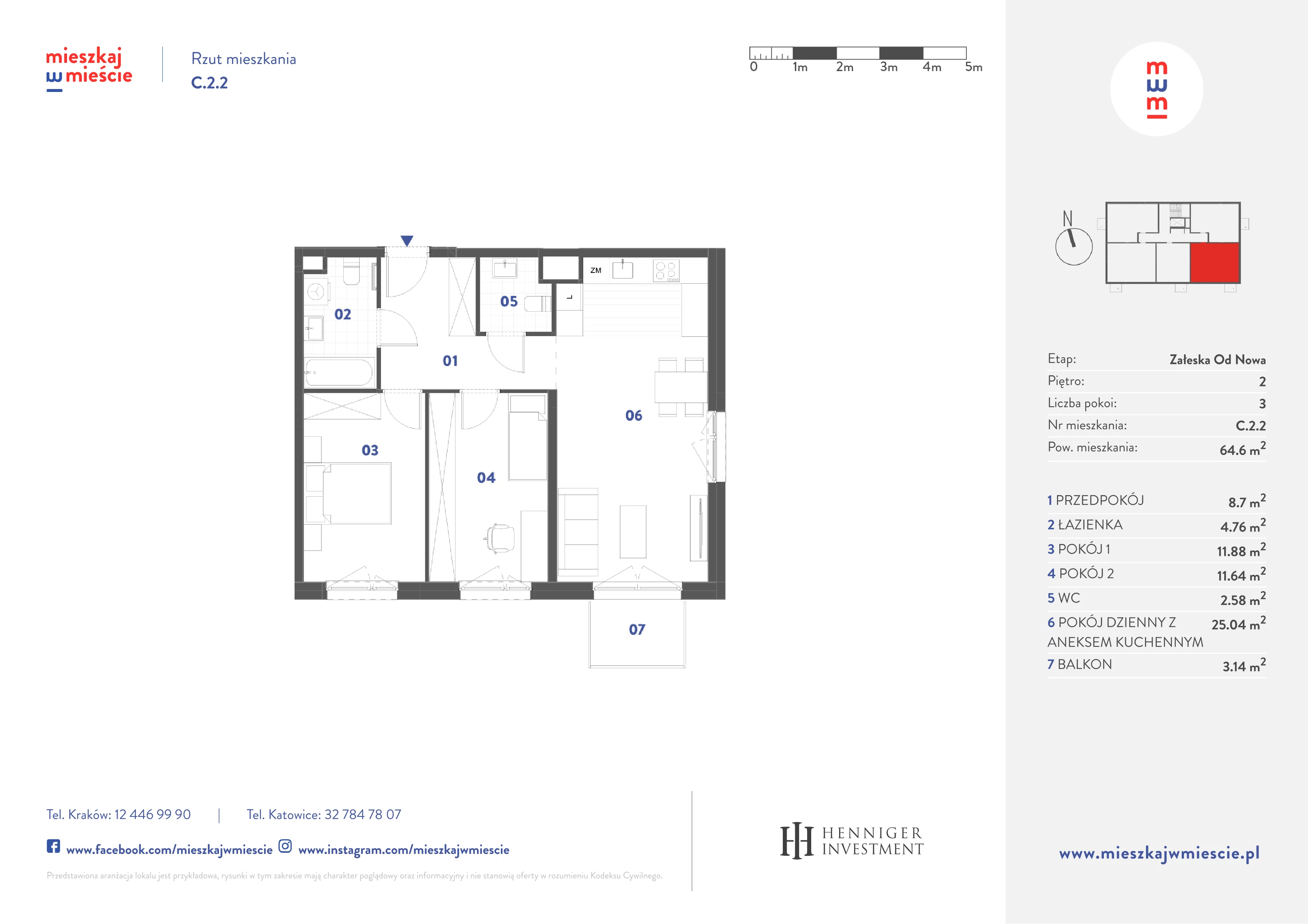 3 pokoje, mieszkanie 64,60 m², piętro 2, oferta nr C.2.2, Mieszkaj w mieście Załęska od Nowa, Katowice, Załęska Hałda-Brynów, Załęska Hałda, ul. Załęska Hałda