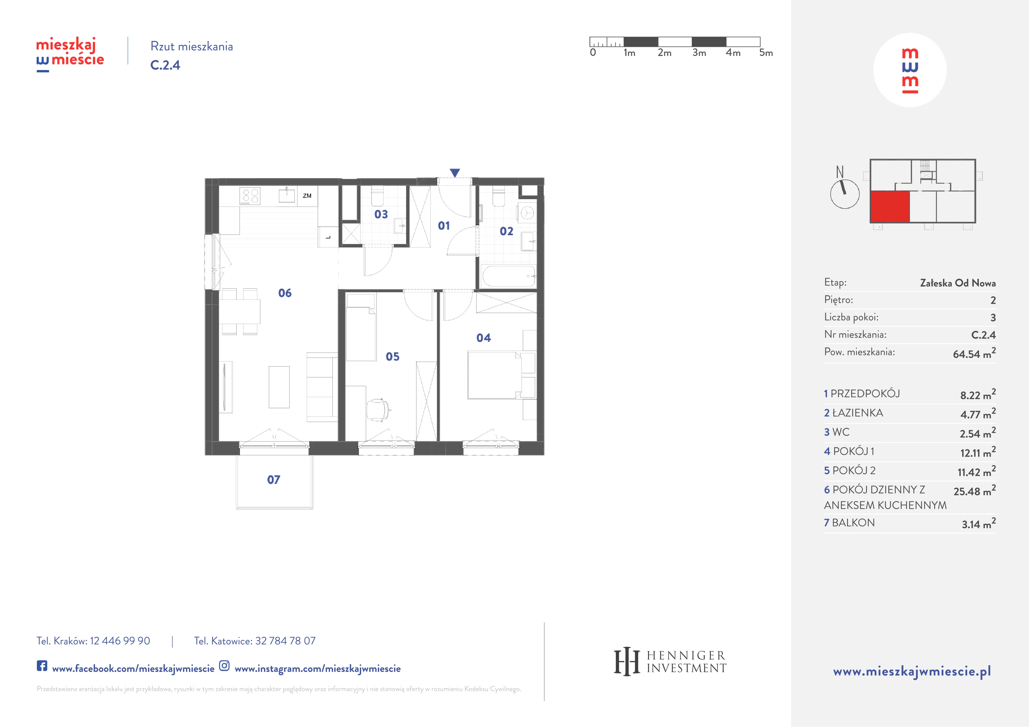 3 pokoje, mieszkanie 64,54 m², piętro 2, oferta nr C.2.4, Mieszkaj w mieście Załęska od Nowa, Katowice, Załęska Hałda-Brynów, Załęska Hałda, ul. Załęska Hałda
