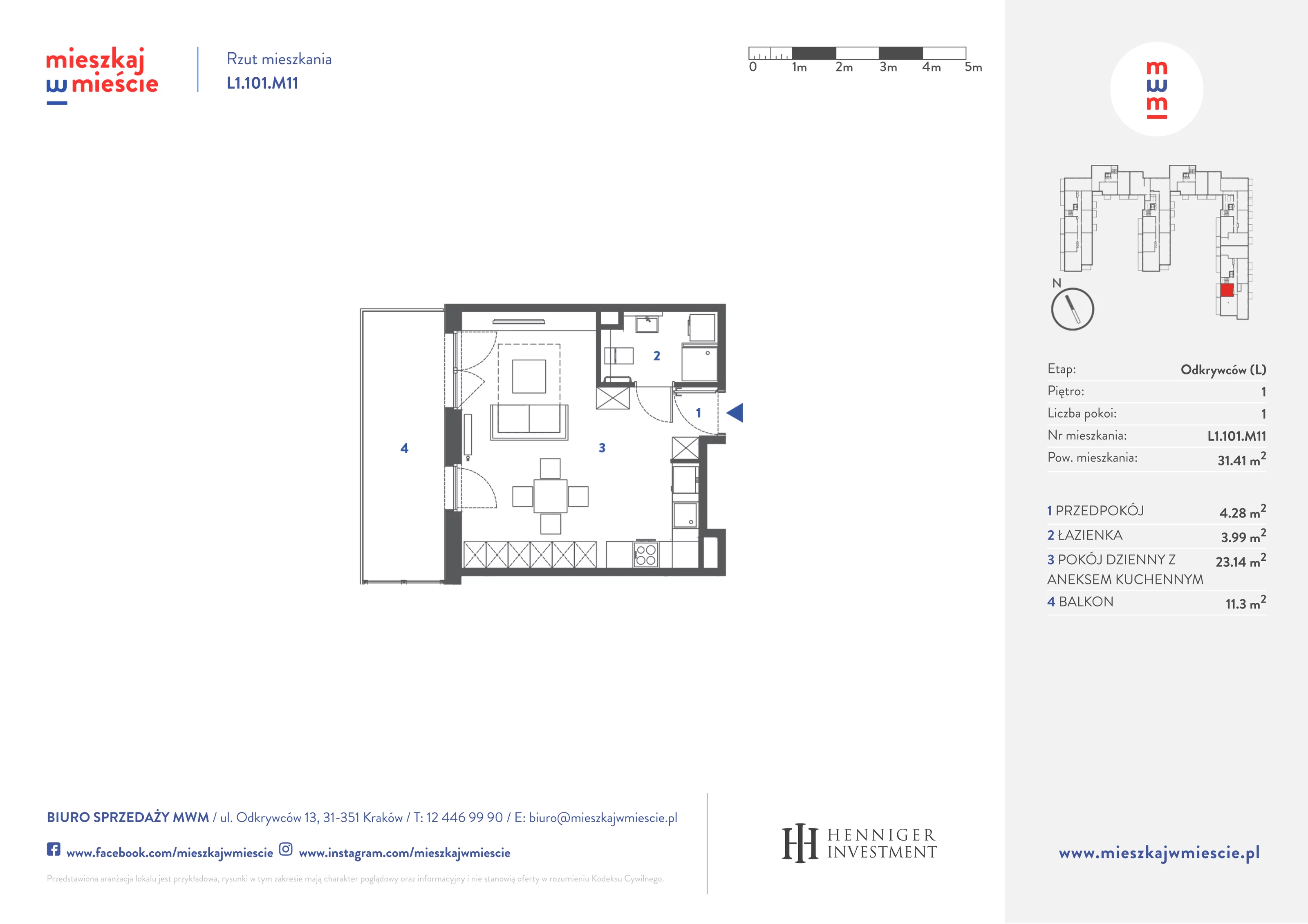 Mieszkanie 31,53 m², piętro 1, oferta nr L1.101.M11, Mieszkaj w Mieście - Odkrywców L, Kraków, Bronowice, ul. Wizjonerów