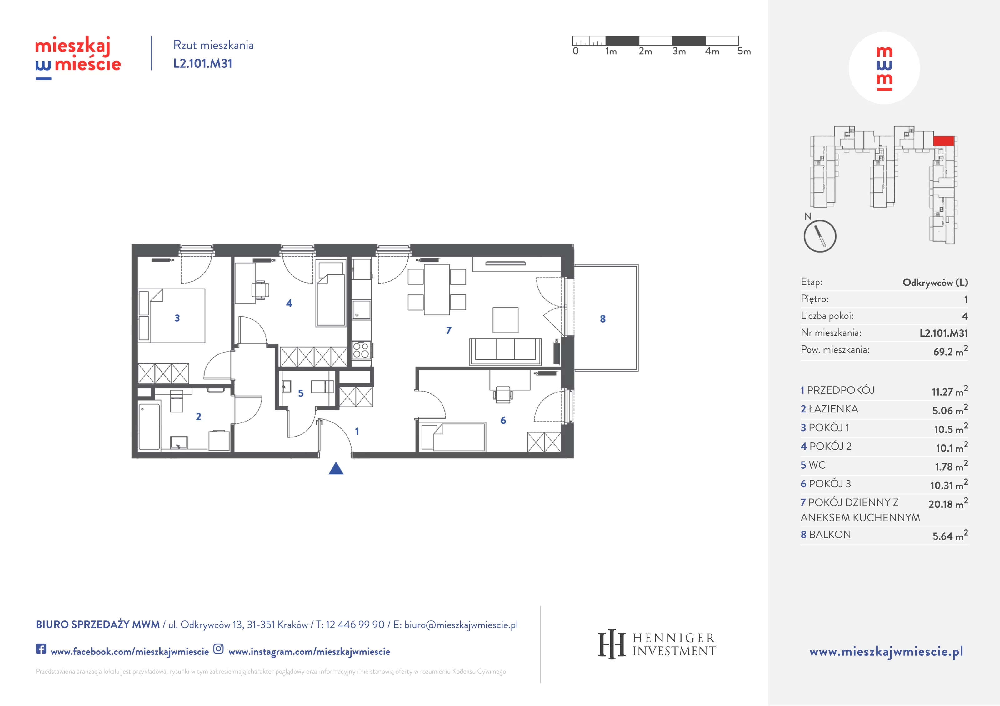 Mieszkanie 69,46 m², piętro 1, oferta nr L2.101.M31, Mieszkaj w Mieście - Odkrywców L, Kraków, Bronowice, ul. Wizjonerów