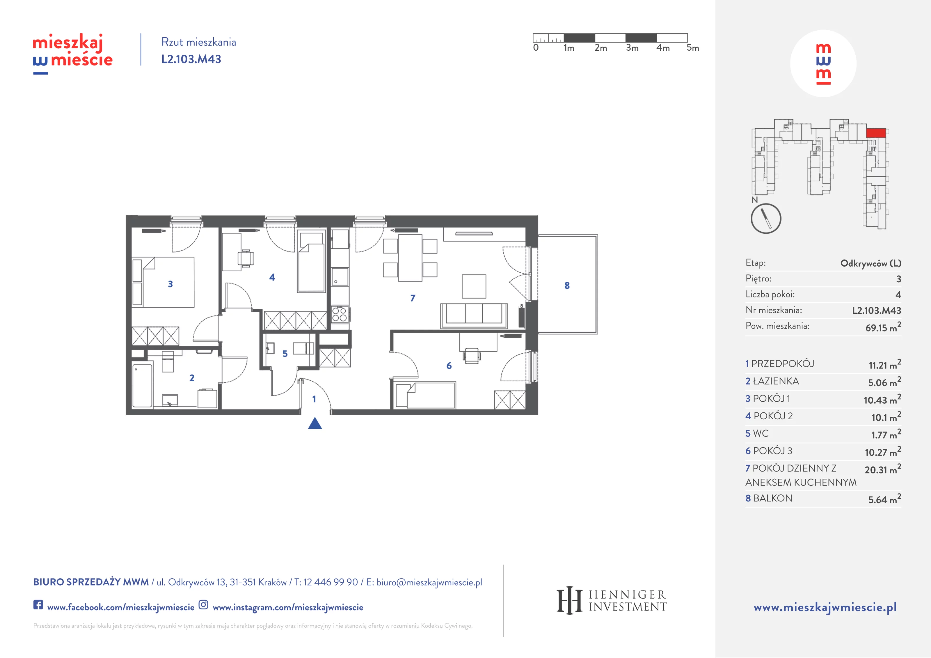 Mieszkanie 69,34 m², piętro 3, oferta nr L2.103.M43, Mieszkaj w Mieście - Odkrywców L, Kraków, Bronowice, ul. Wizjonerów