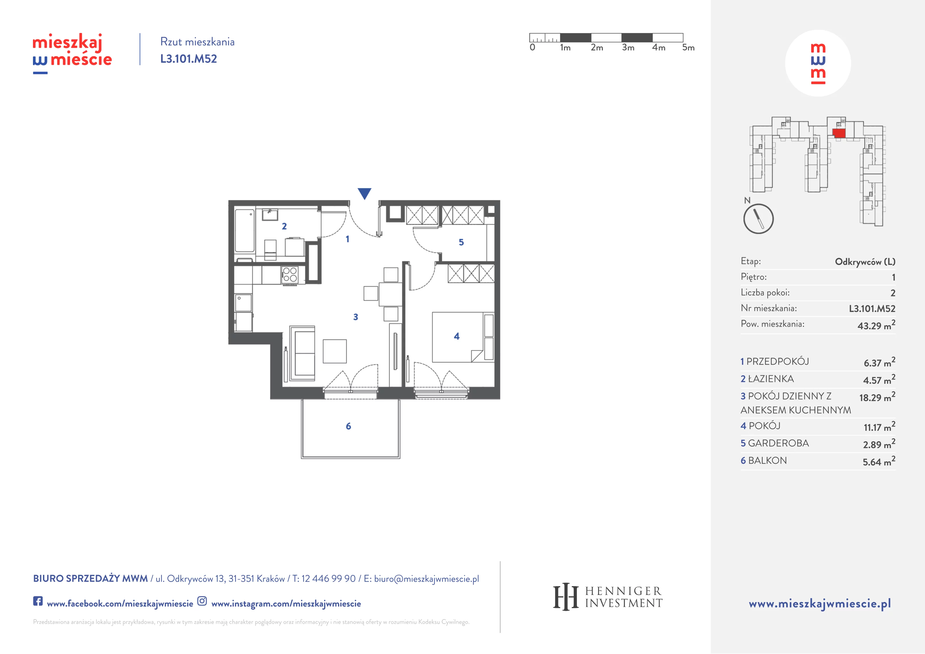 Mieszkanie 43,45 m², piętro 1, oferta nr L3.101.M52, Mieszkaj w Mieście - Odkrywców L, Kraków, Bronowice, ul. Wizjonerów