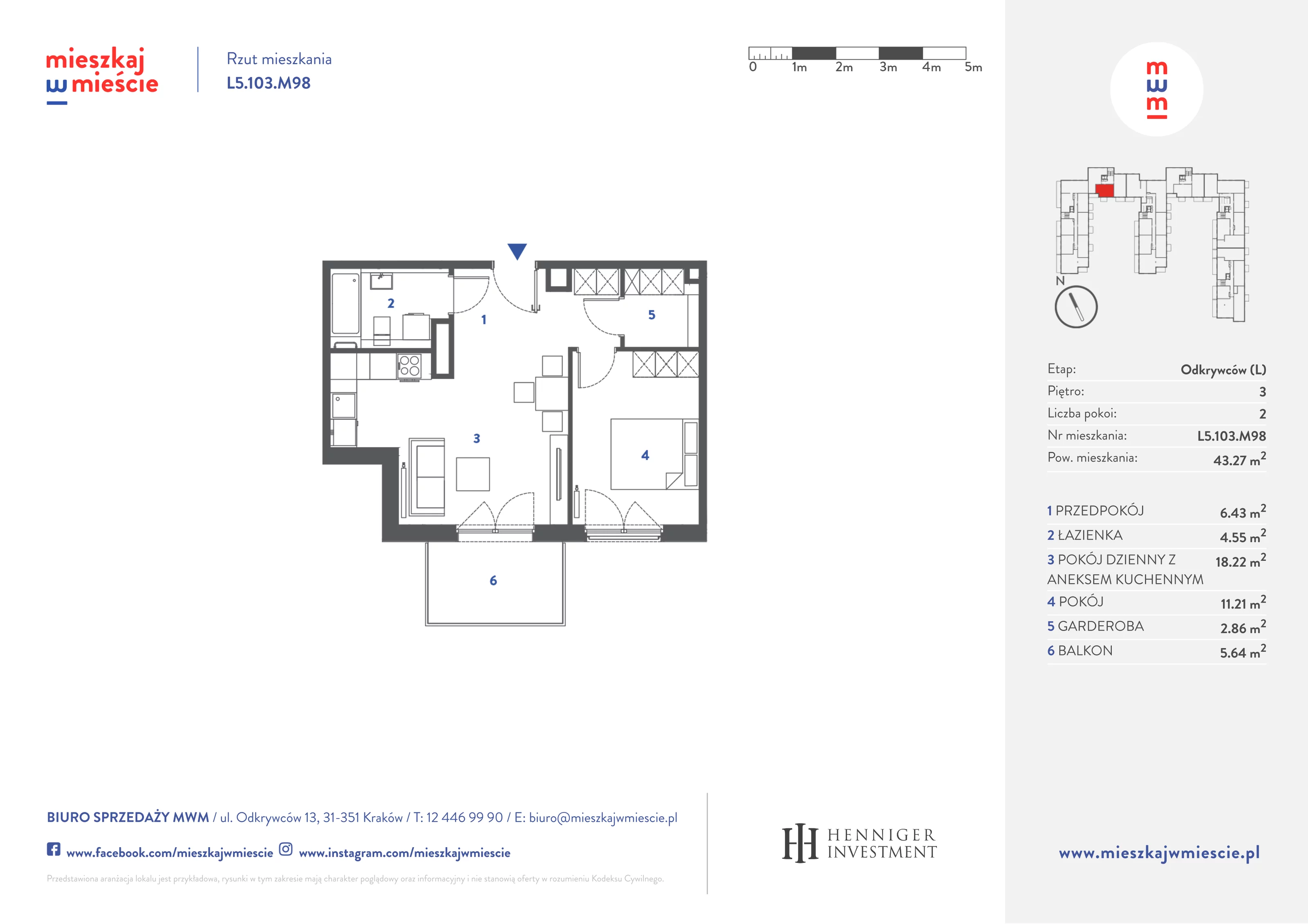 Mieszkanie 43,45 m², piętro 3, oferta nr L5.103.M98, Mieszkaj w Mieście - Odkrywców L, Kraków, Bronowice, ul. Wizjonerów