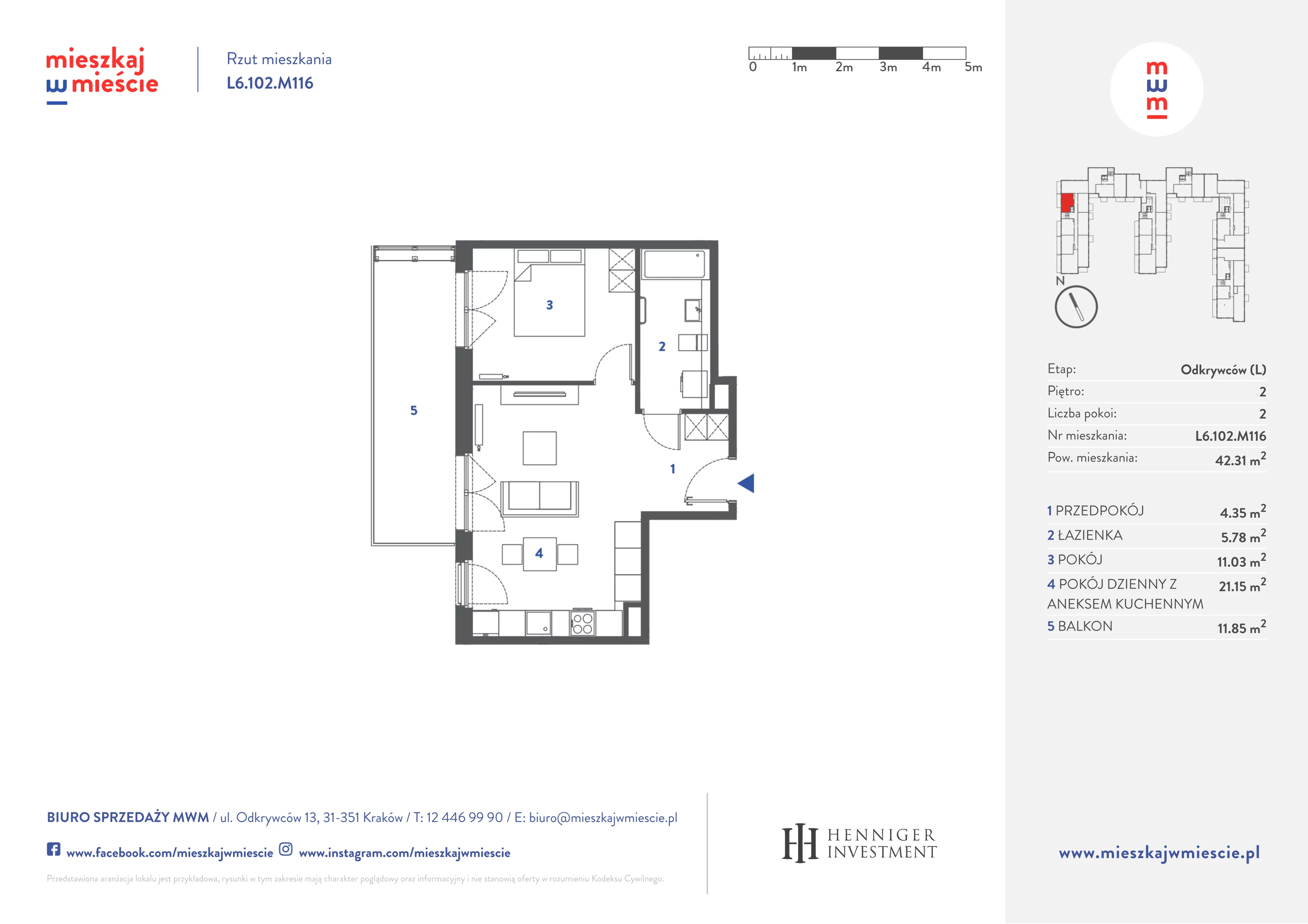 Mieszkanie 42,48 m², piętro 2, oferta nr L6.102.M116, Mieszkaj w Mieście - Odkrywców L, Kraków, Bronowice, ul. Wizjonerów