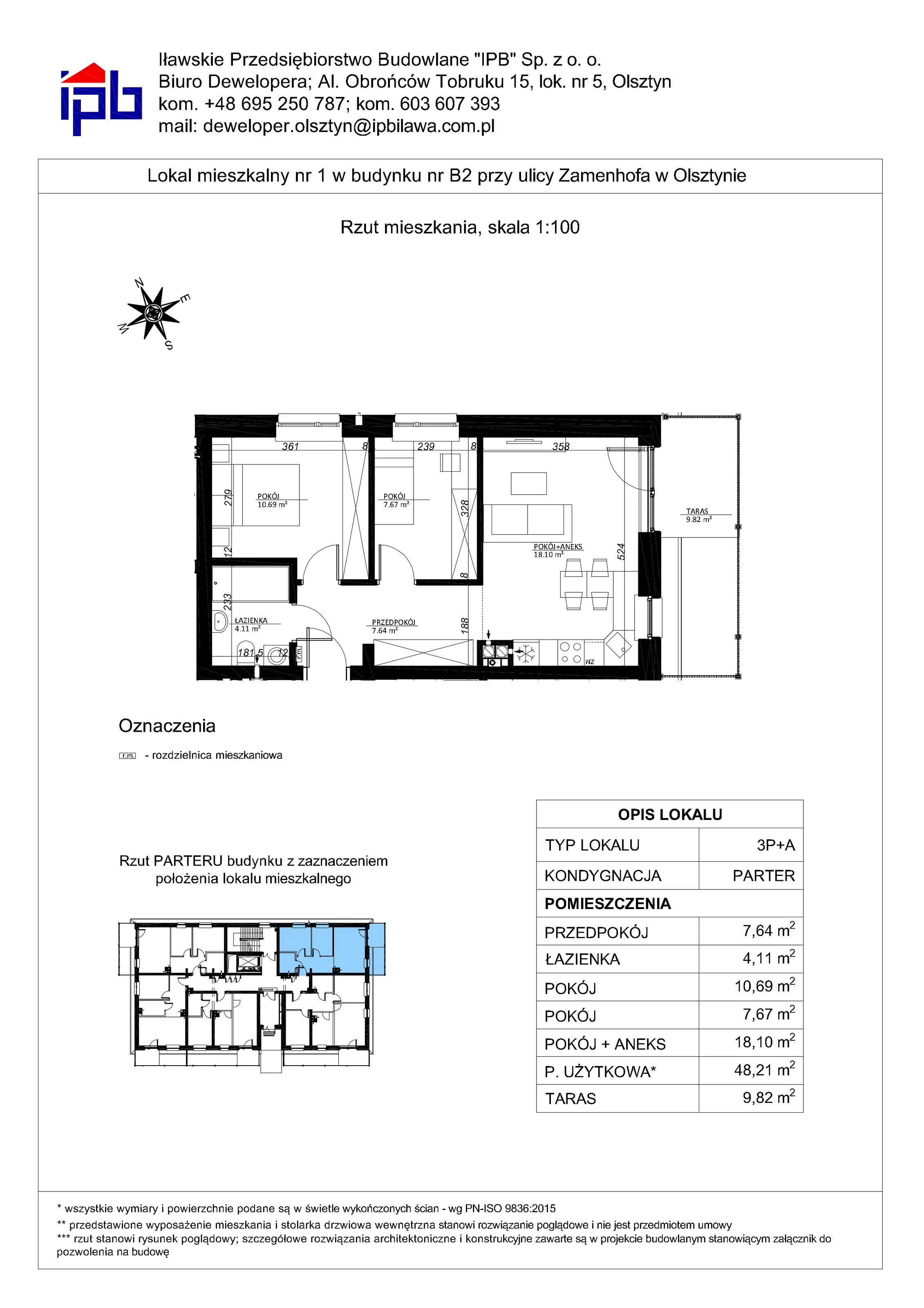 3 pokoje, mieszkanie 48,21 m², parter, oferta nr 1, Esperanto Park Budynek B2, Olsztyn, Podleśna, ul. Zamenhofa