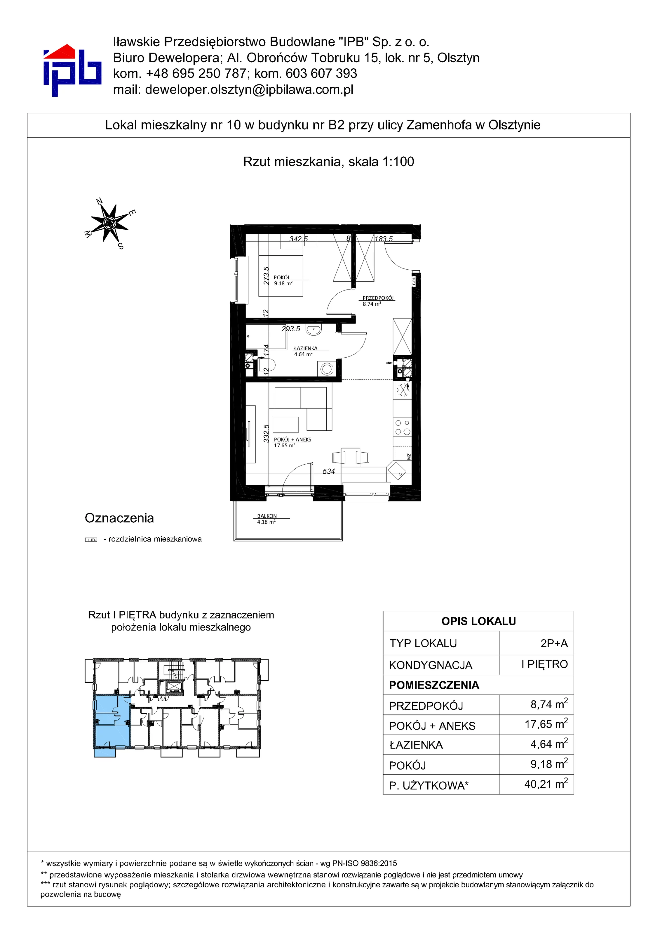 2 pokoje, mieszkanie 40,21 m², piętro 1, oferta nr 10, Esperanto Park Budynek B2, Olsztyn, Podleśna, ul. Zamenhofa