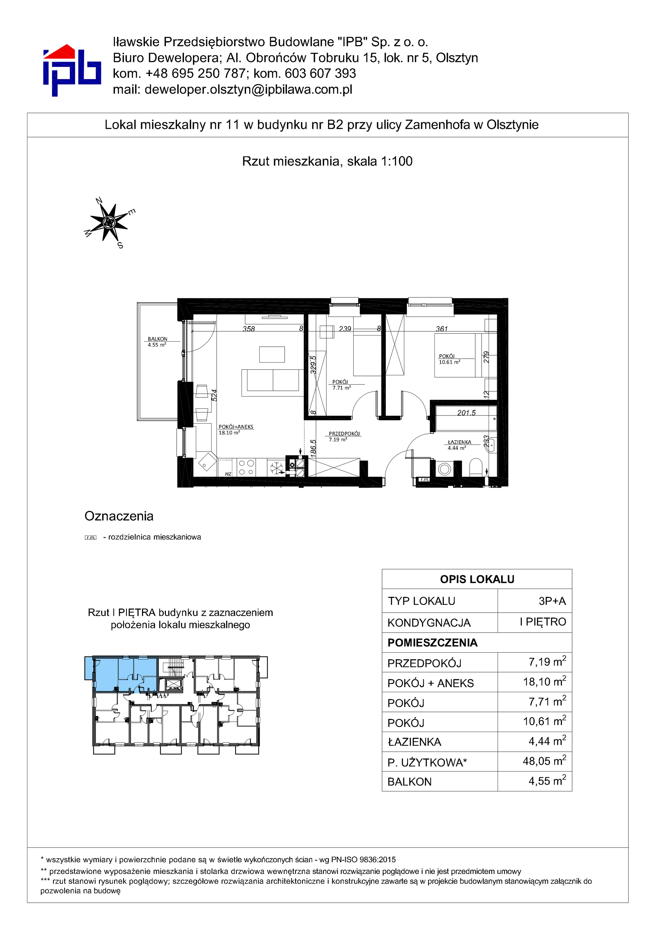 3 pokoje, mieszkanie 48,05 m², piętro 1, oferta nr 11, Esperanto Park Budynek B2, Olsztyn, Podleśna, ul. Zamenhofa