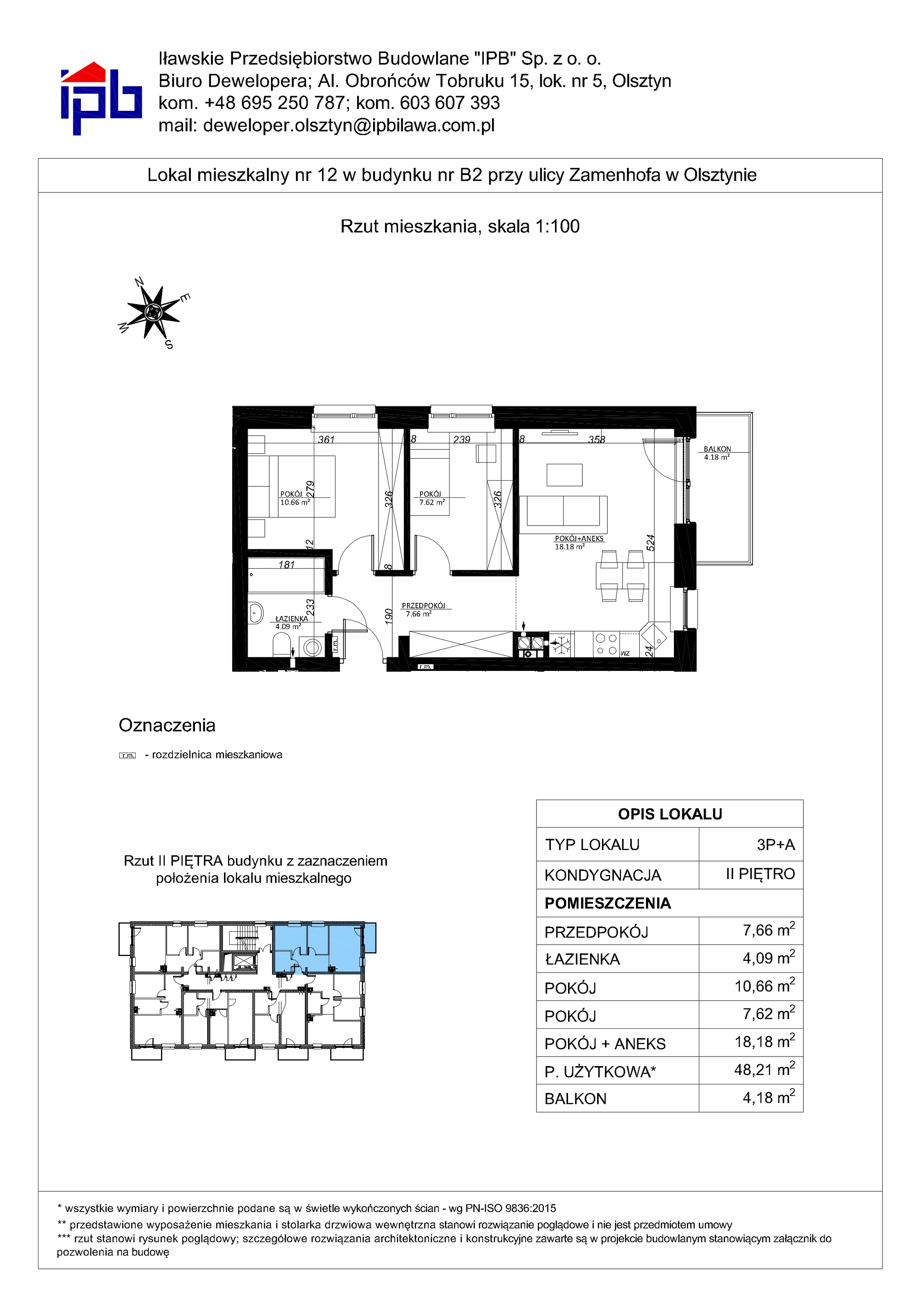 3 pokoje, mieszkanie 48,21 m², piętro 2, oferta nr 12, Esperanto Park Budynek B2, Olsztyn, Podleśna, ul. Zamenhofa