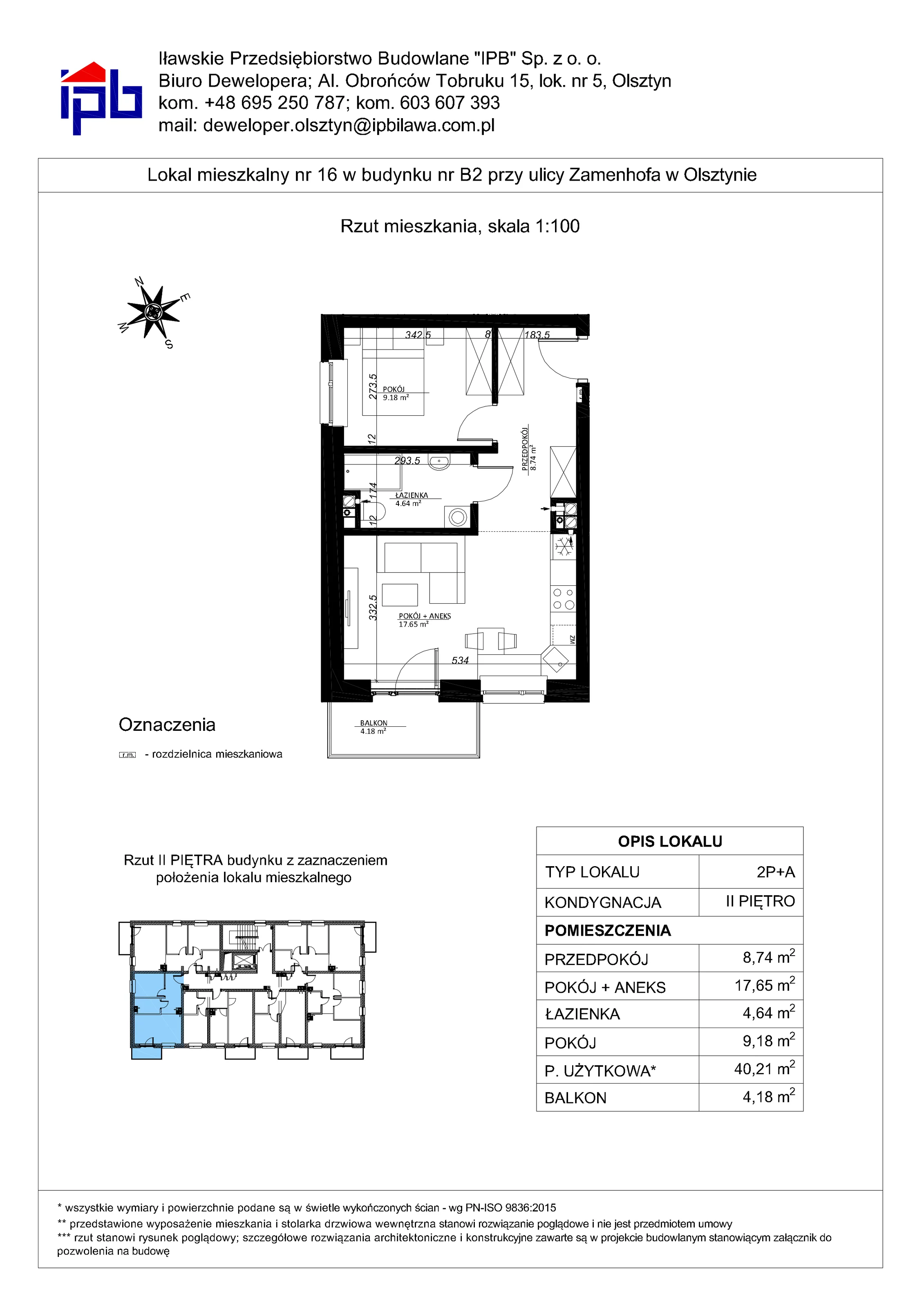 2 pokoje, mieszkanie 40,21 m², piętro 2, oferta nr 16, Esperanto Park Budynek B2, Olsztyn, Podleśna, ul. Zamenhofa