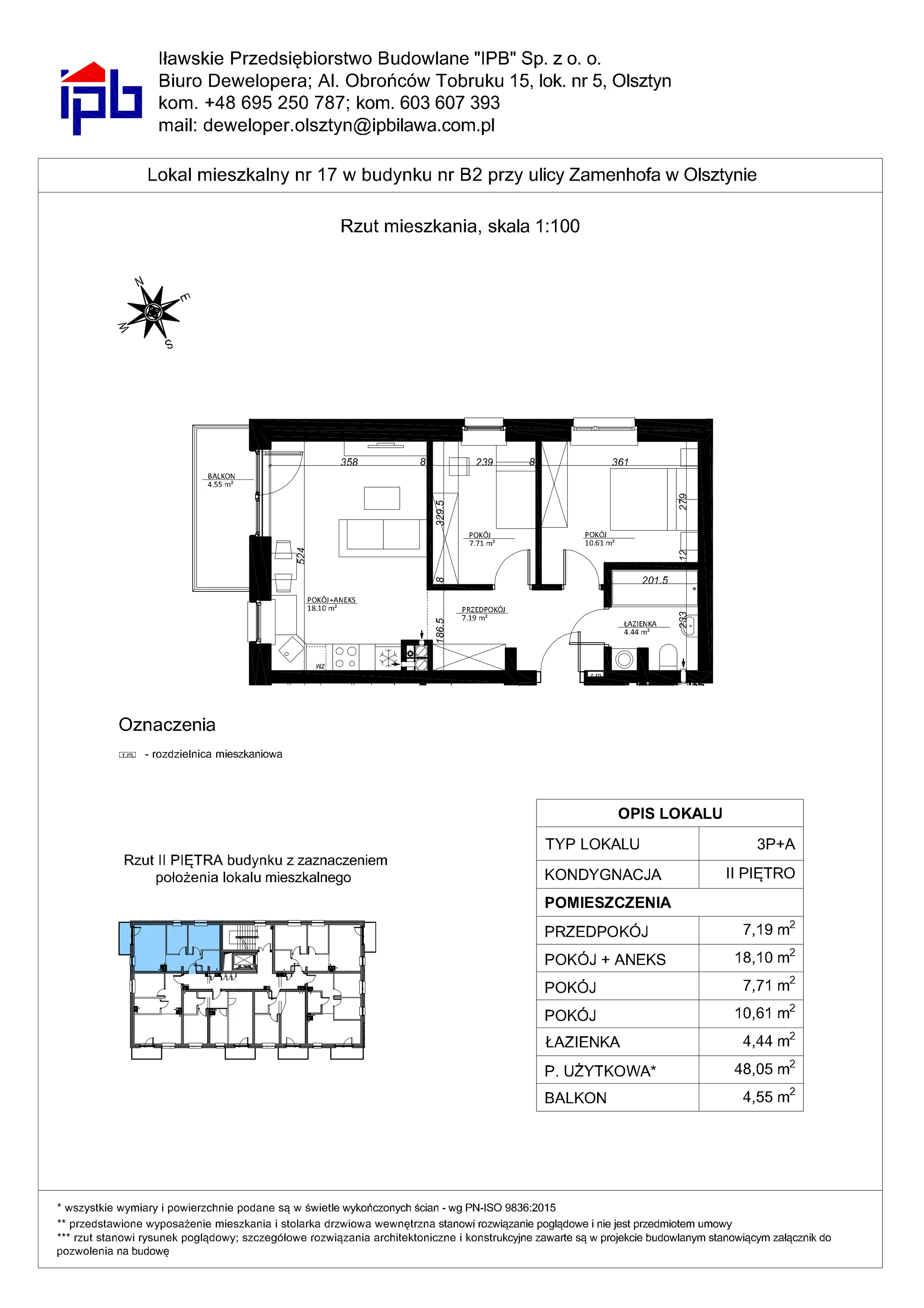3 pokoje, mieszkanie 48,05 m², piętro 2, oferta nr 17, Esperanto Park Budynek B2, Olsztyn, Podleśna, ul. Zamenhofa