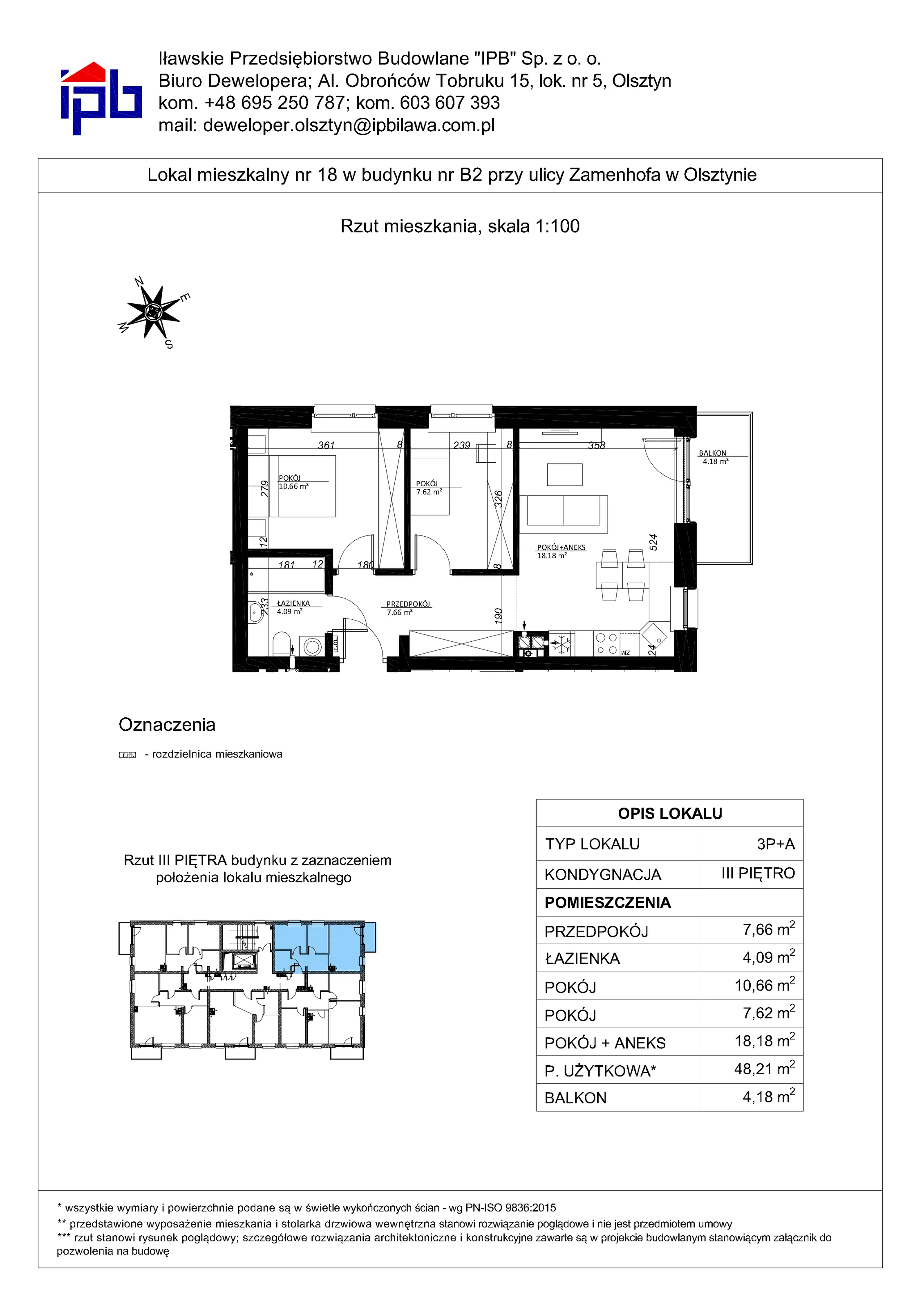 3 pokoje, mieszkanie 48,21 m², piętro 3, oferta nr 18, Esperanto Park Budynek B2, Olsztyn, Podleśna, ul. Zamenhofa