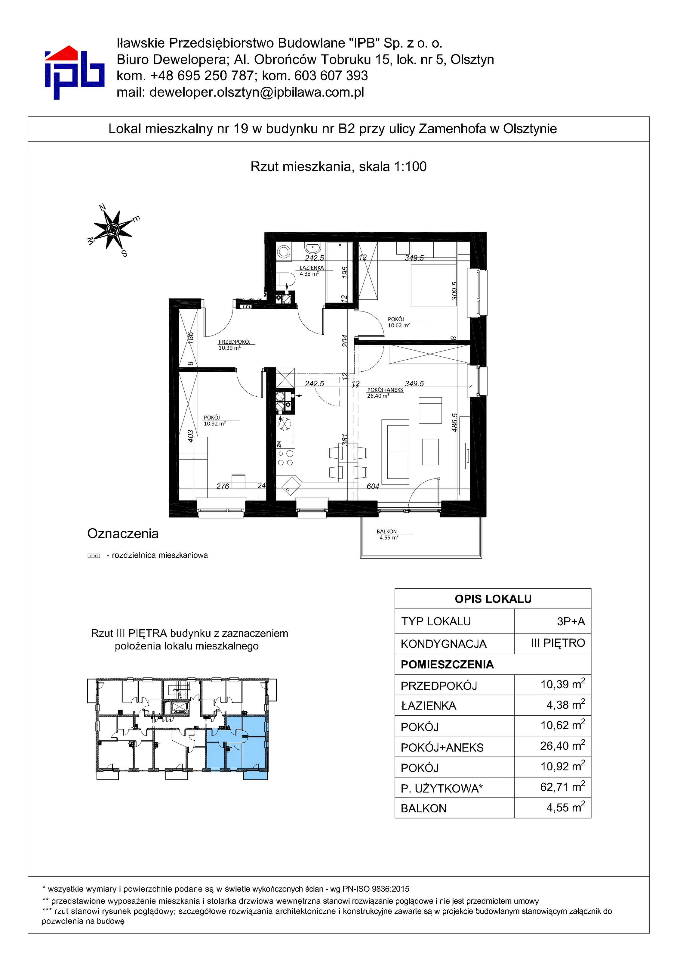 3 pokoje, mieszkanie 62,71 m², piętro 3, oferta nr 19, Esperanto Park Budynek B2, Olsztyn, Podleśna, ul. Zamenhofa