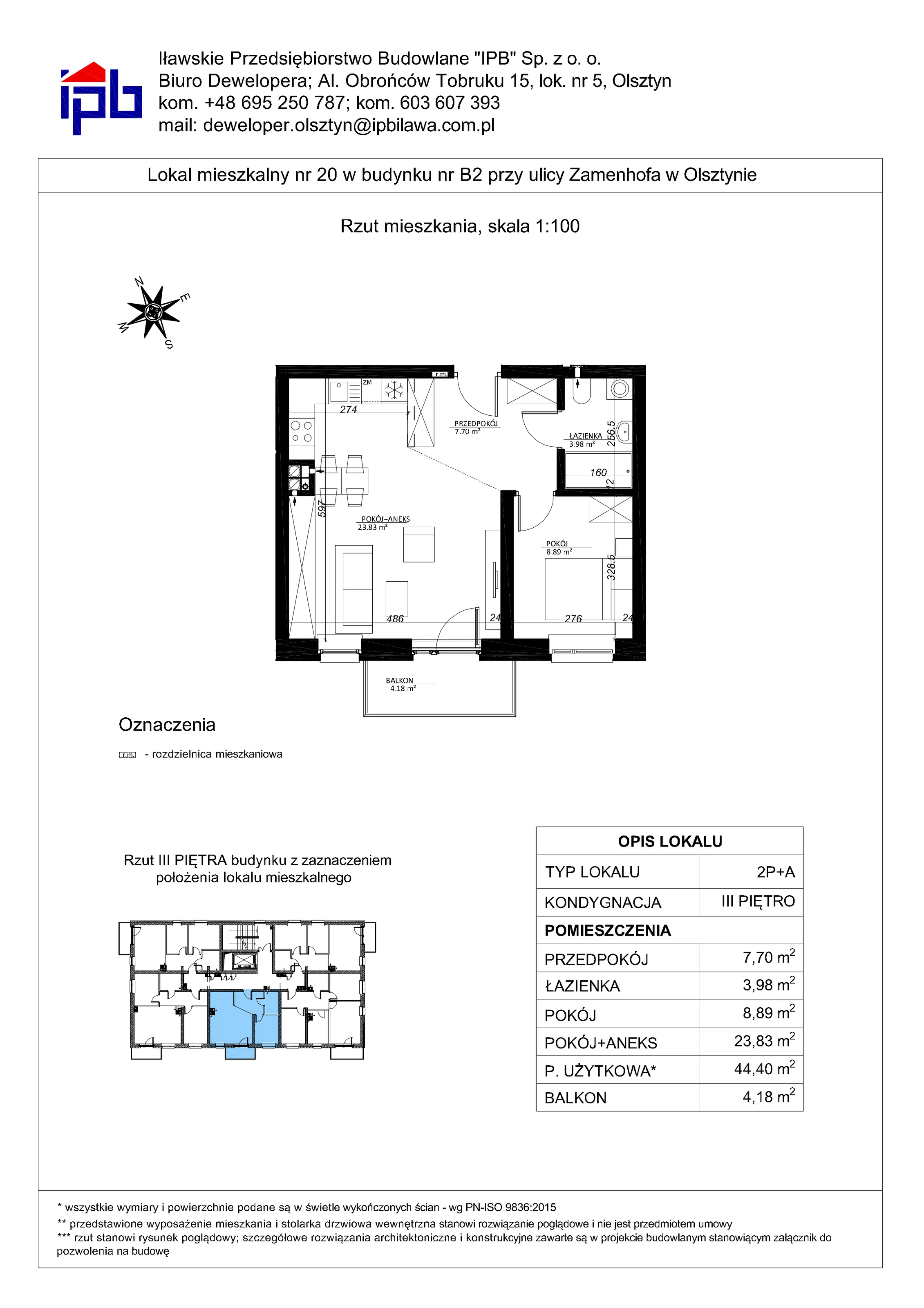 2 pokoje, mieszkanie 44,40 m², piętro 3, oferta nr 20, Esperanto Park Budynek B2, Olsztyn, Podleśna, ul. Zamenhofa