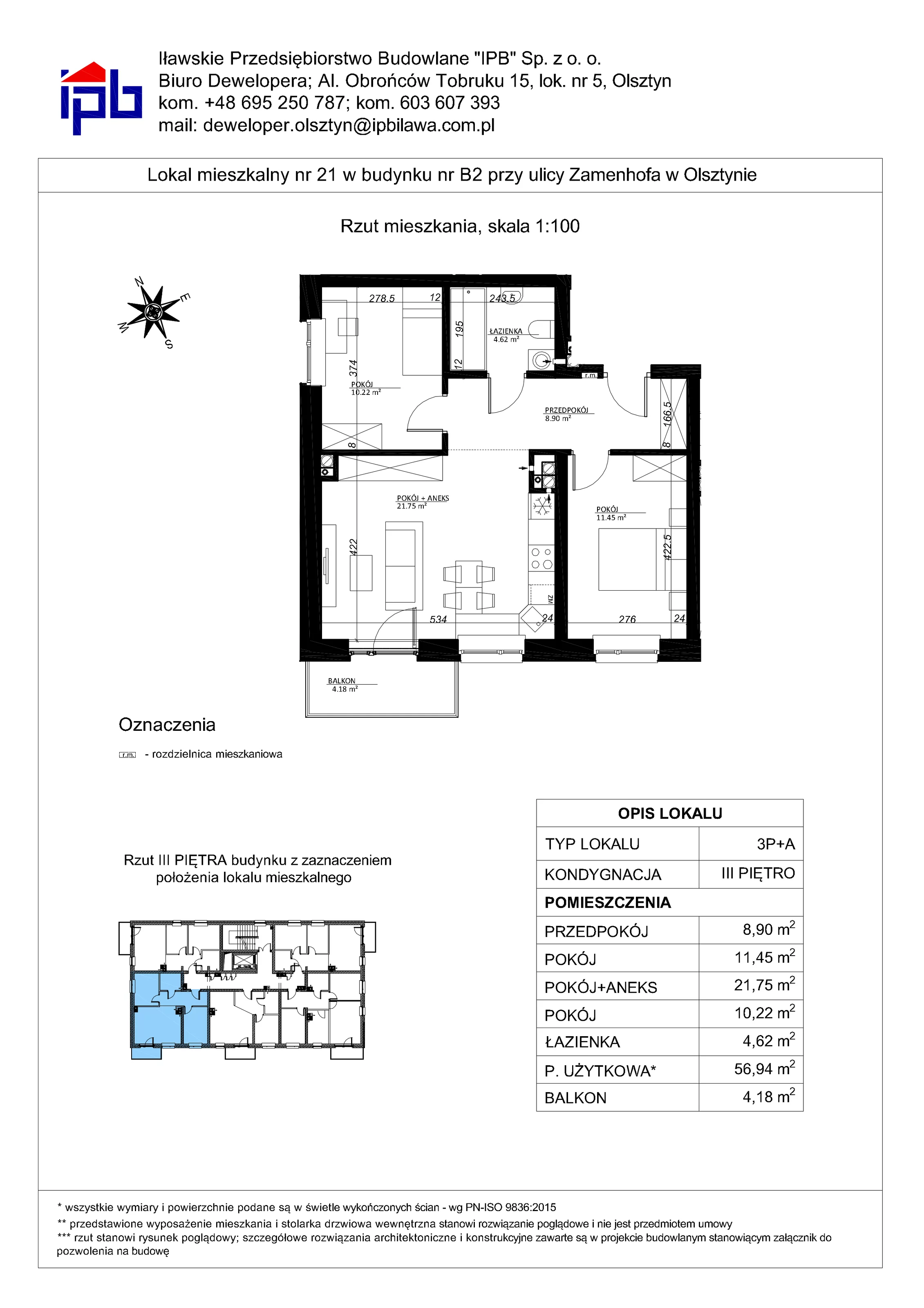 3 pokoje, mieszkanie 56,94 m², piętro 3, oferta nr 21, Esperanto Park Budynek B2, Olsztyn, Podleśna, ul. Zamenhofa
