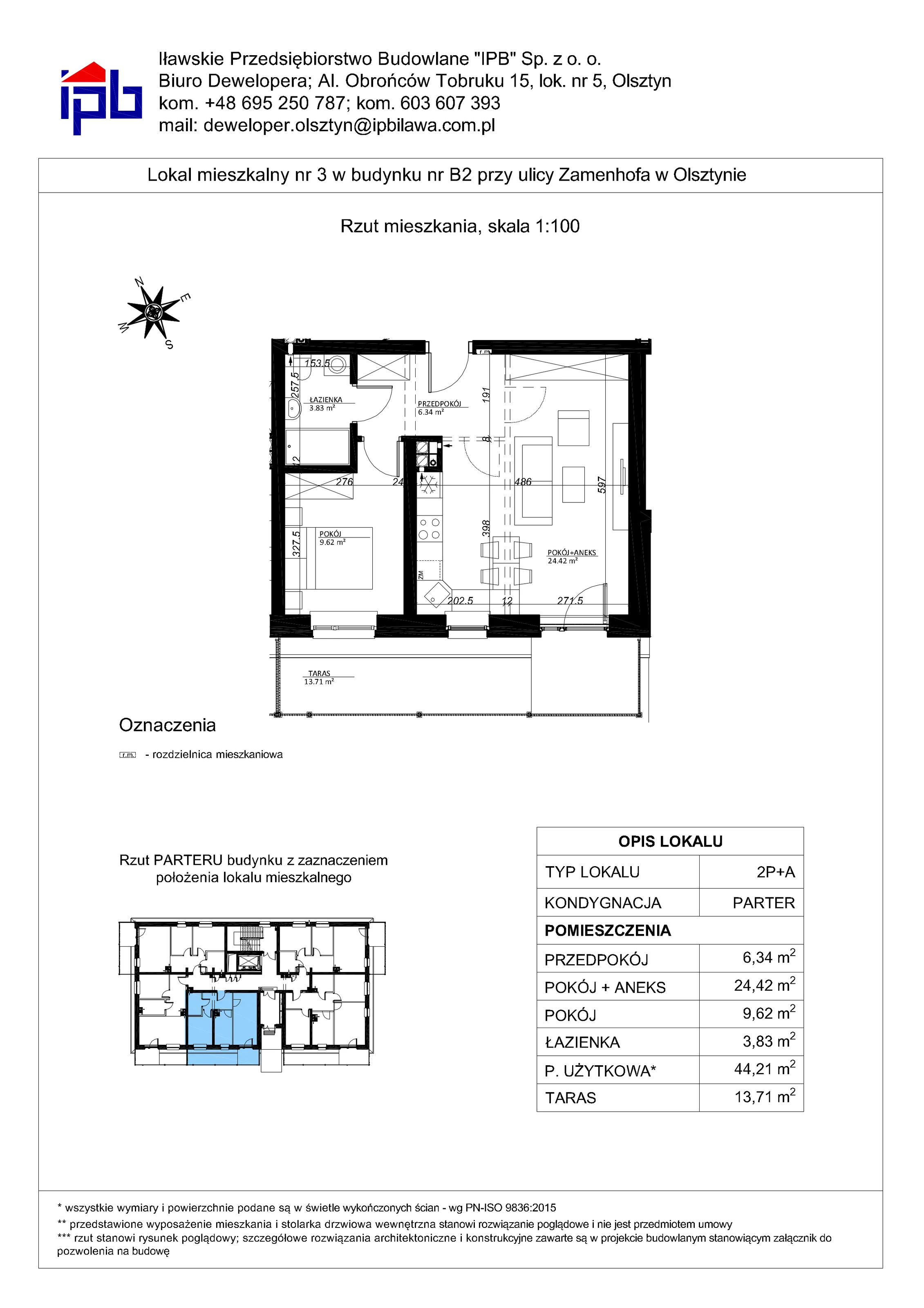 2 pokoje, mieszkanie 44,21 m², parter, oferta nr 3, Esperanto Park Budynek B2, Olsztyn, Podleśna, ul. Zamenhofa
