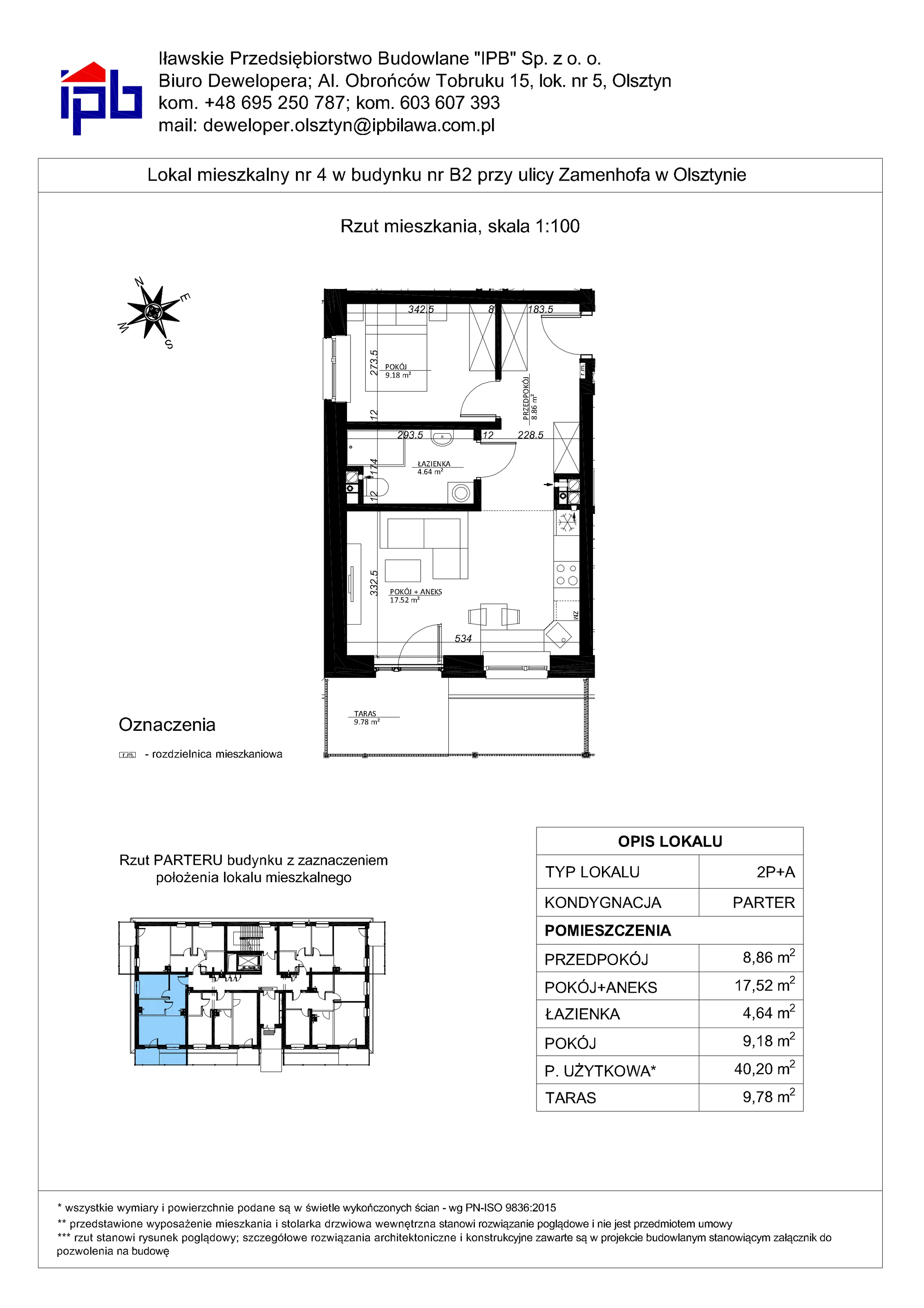 2 pokoje, mieszkanie 40,20 m², parter, oferta nr 4, Esperanto Park Budynek B2, Olsztyn, Podleśna, ul. Zamenhofa