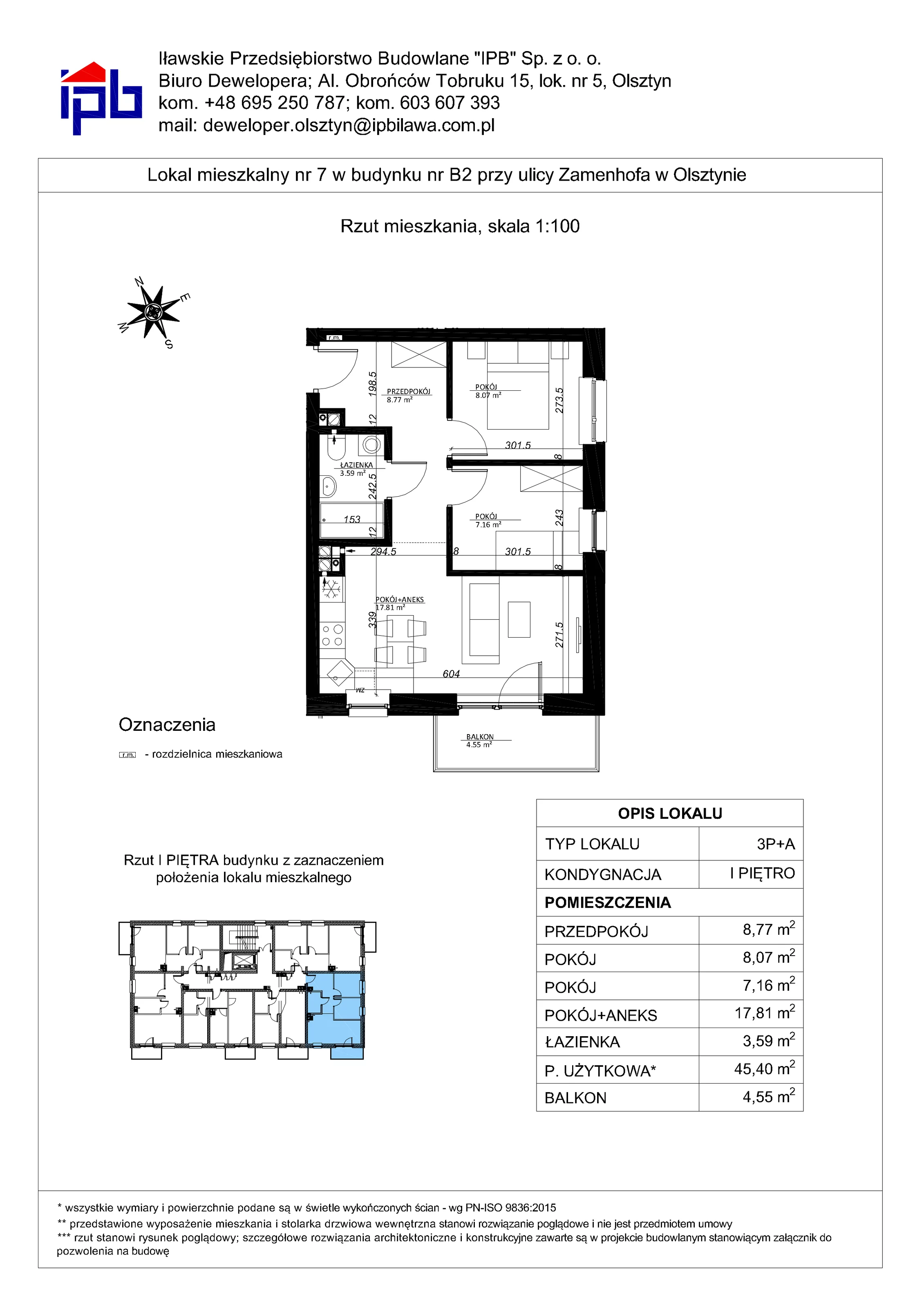 3 pokoje, mieszkanie 45,40 m², piętro 1, oferta nr 7, Esperanto Park Budynek B2, Olsztyn, Podleśna, ul. Zamenhofa